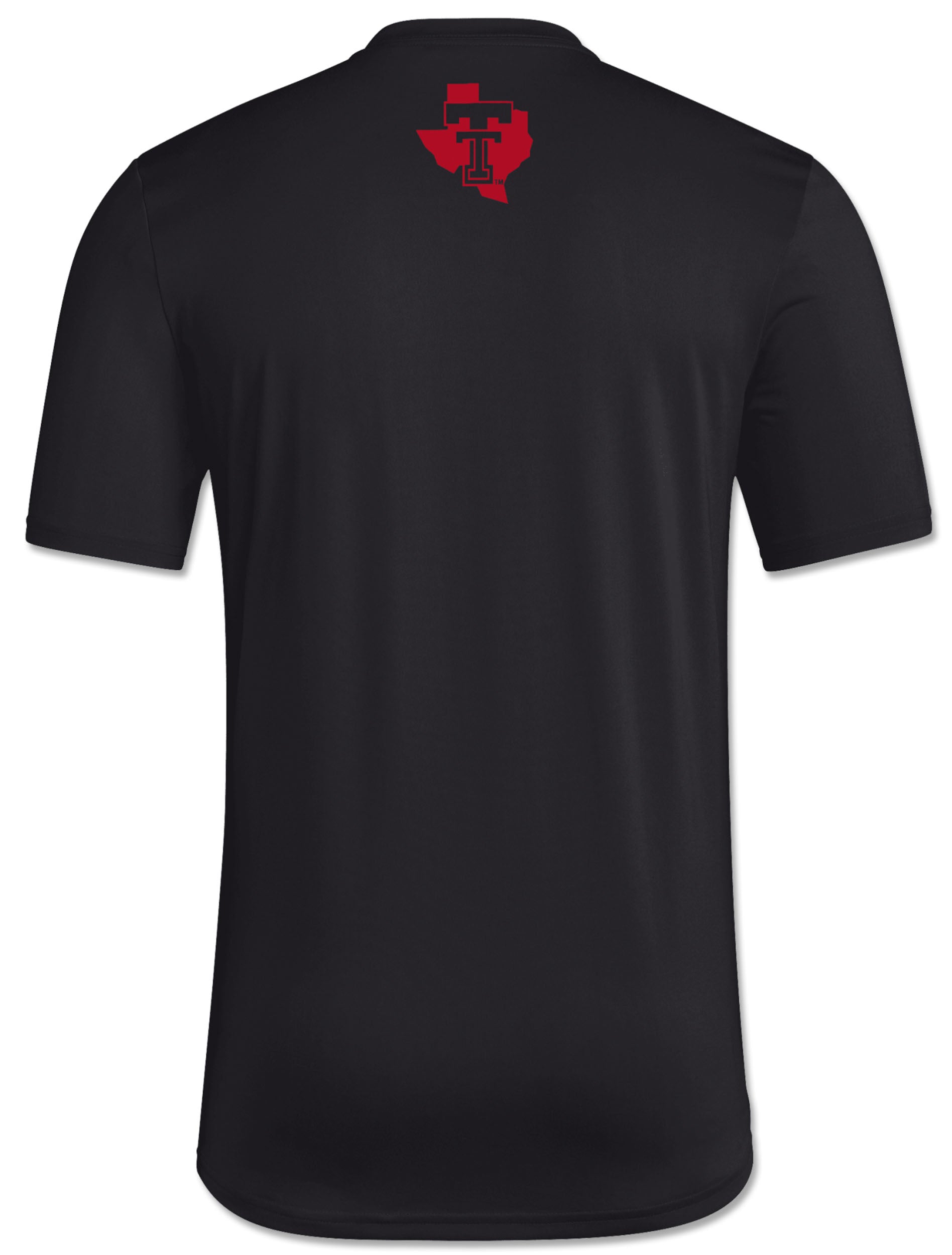 Back of the black Texas Tech short sleeve t-shirt with the Lone Star Pride logo in red below the collar