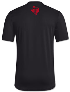 Back of the black Texas Tech short sleeve t-shirt with the Lone Star Pride logo in red below the collar