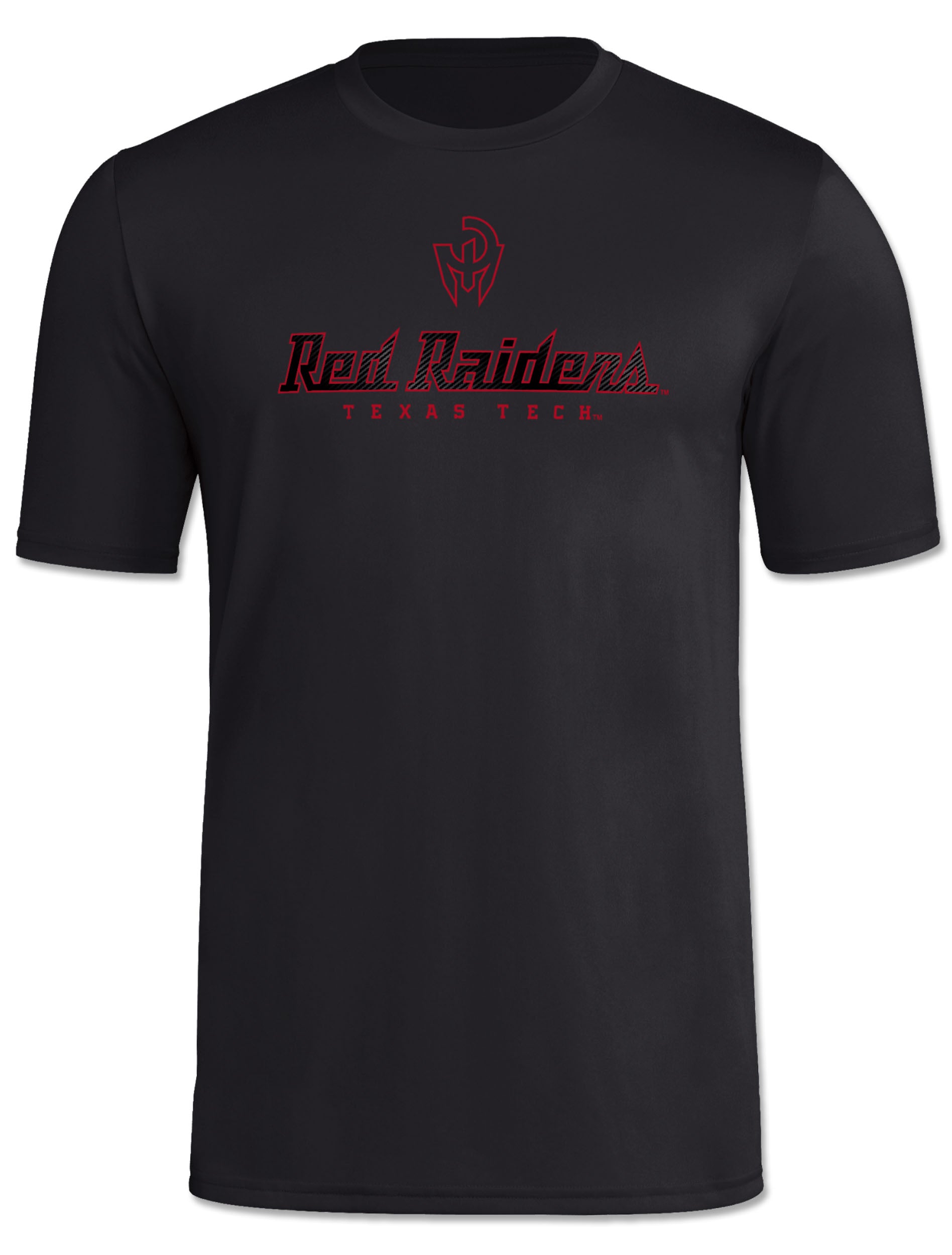 Front of the black Texas Tech short sleeve t-shirt with the Mahomes Gladiator logo above RED RAIDERS in a carbon textured script and TEXAS TECH beneath