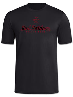 Front of the black Texas Tech short sleeve t-shirt with the Mahomes Gladiator logo above RED RAIDERS in a carbon textured script and TEXAS TECH beneath