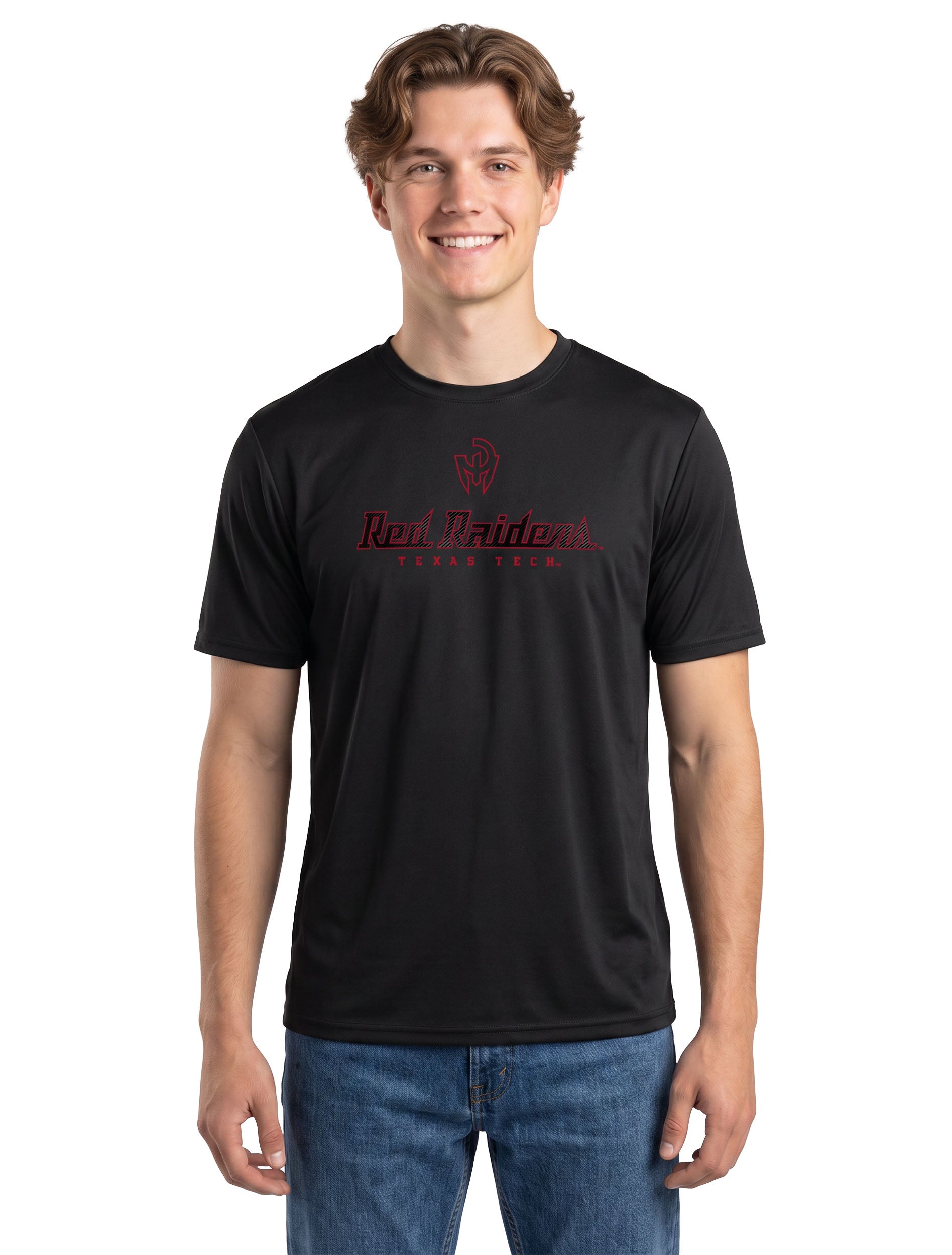 Model wearing the black Texas Tech t-shirt with RED RAIDERS across the chest in a carbon textured script, styled with denim