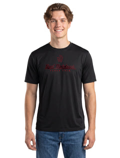 Model wearing the black Texas Tech t-shirt with RED RAIDERS across the chest in a carbon textured script, styled with denim