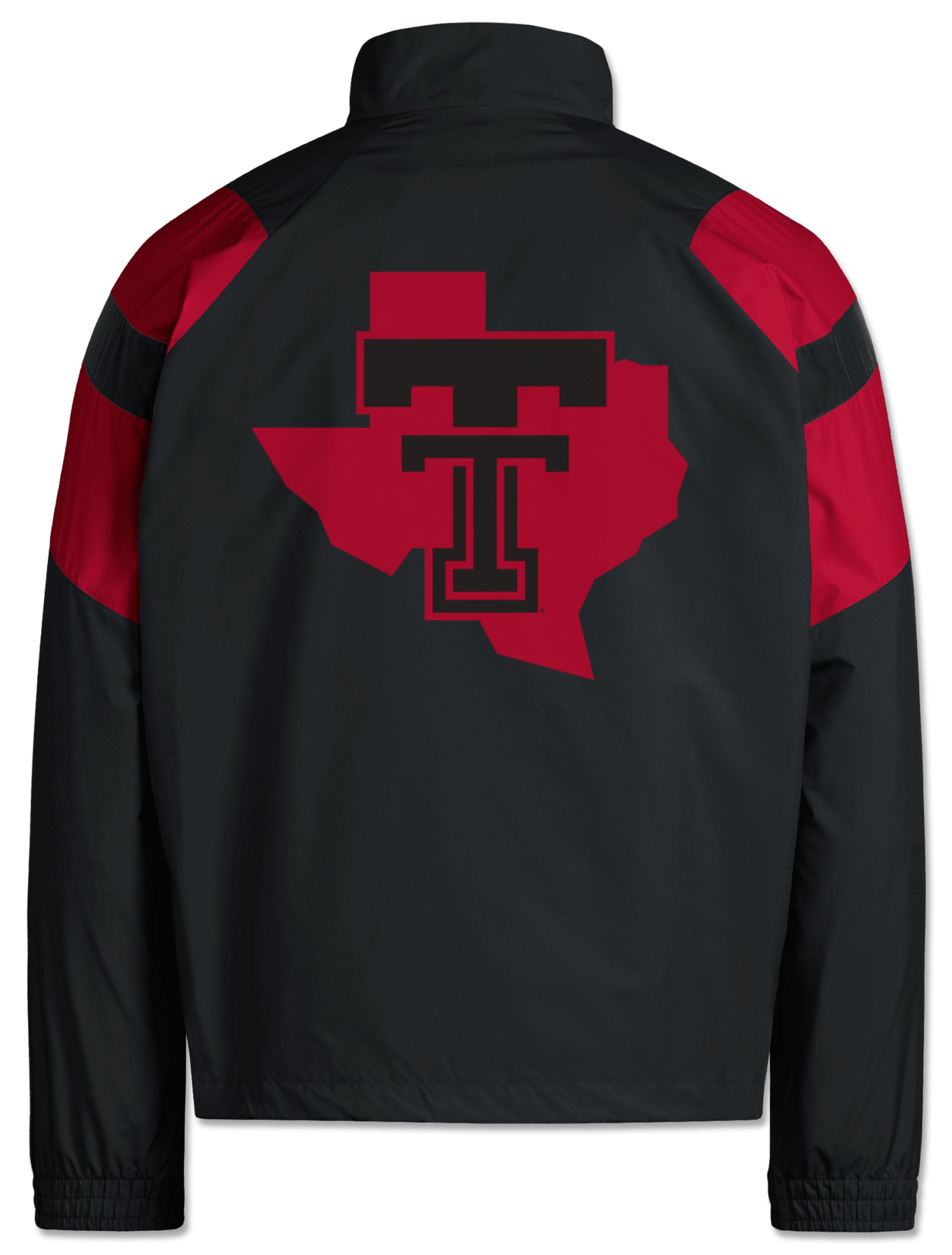 Back of the black Texas Tech track jacket with the Lone Star Pride logo in red across the shoulders