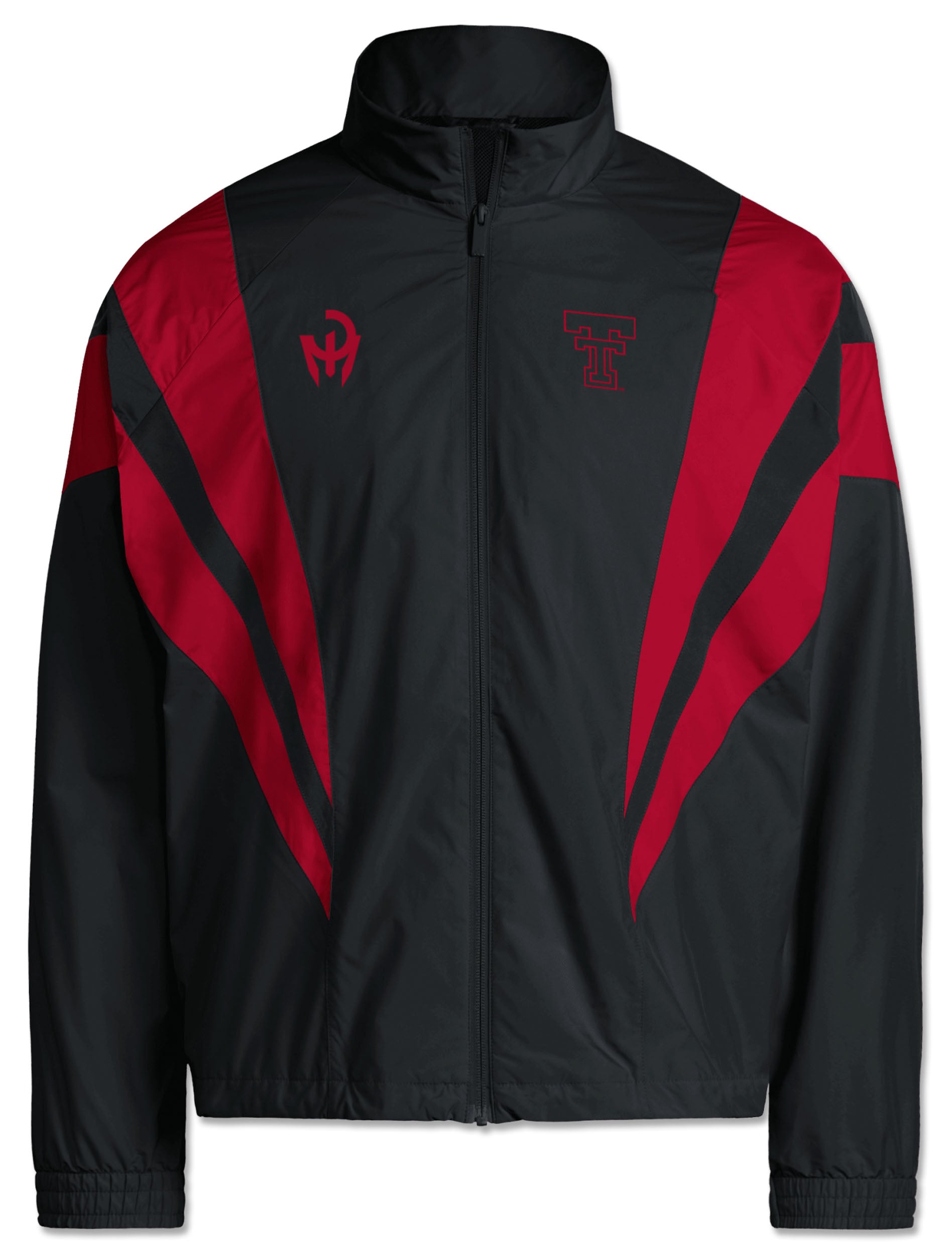 Front of the black Texas Tech track jacket with red chevron panels, the Mahomes Gladiator logo at the right chest and an outlined Double T at the left