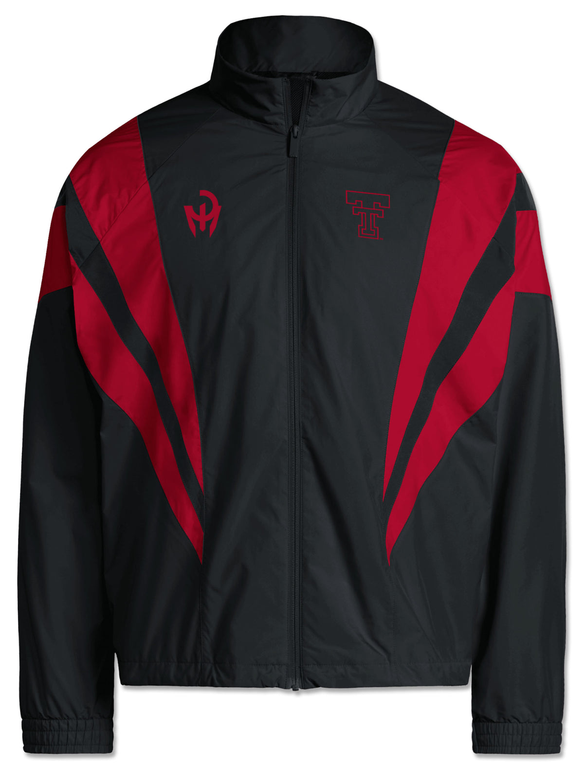 Front of the black Texas Tech track jacket with red chevron panels, the Mahomes Gladiator logo at the right chest and an outlined Double T at the left