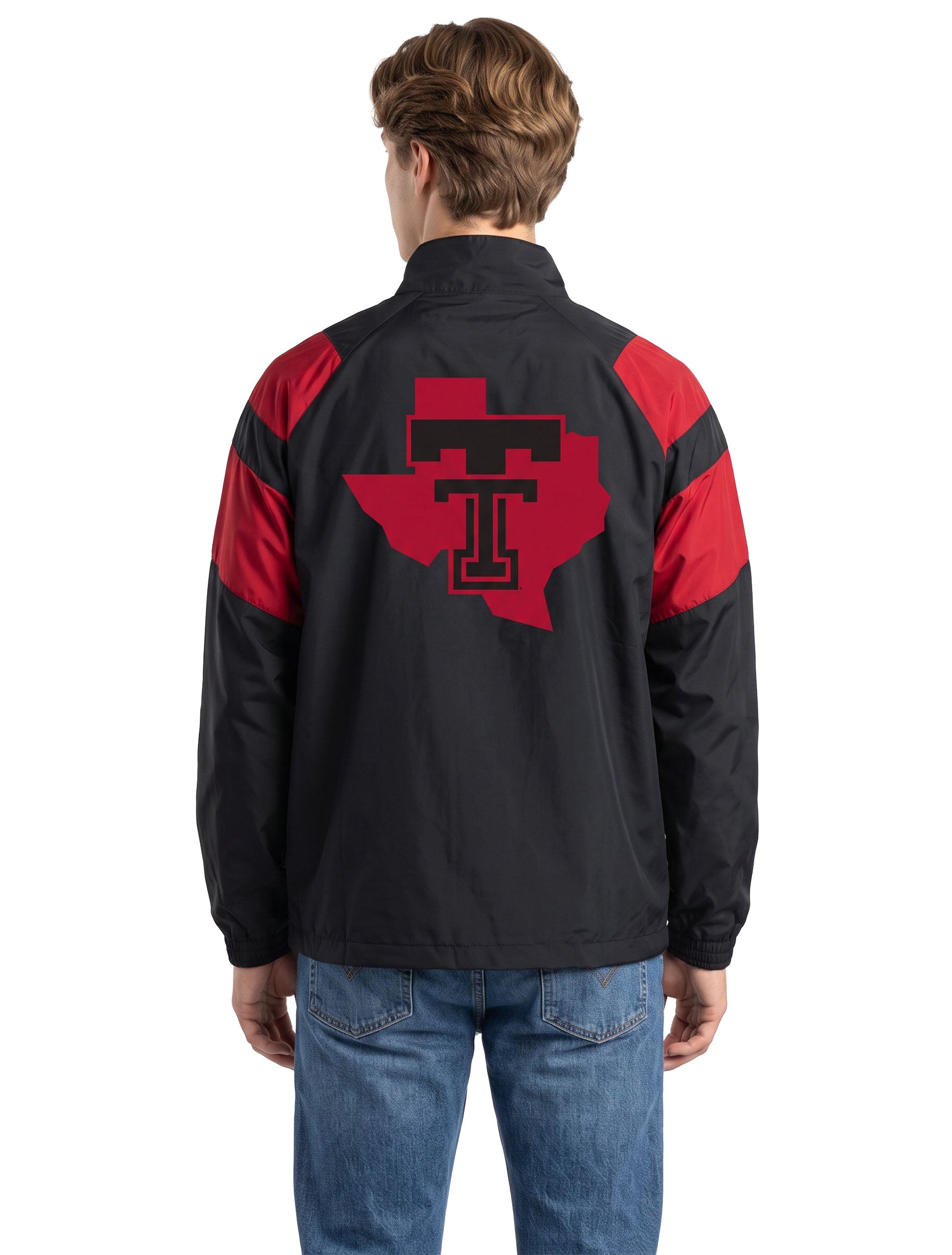 Model seen from behind in the black Texas Tech track jacket, showing the Lone Star Pride logo in red across the shoulders