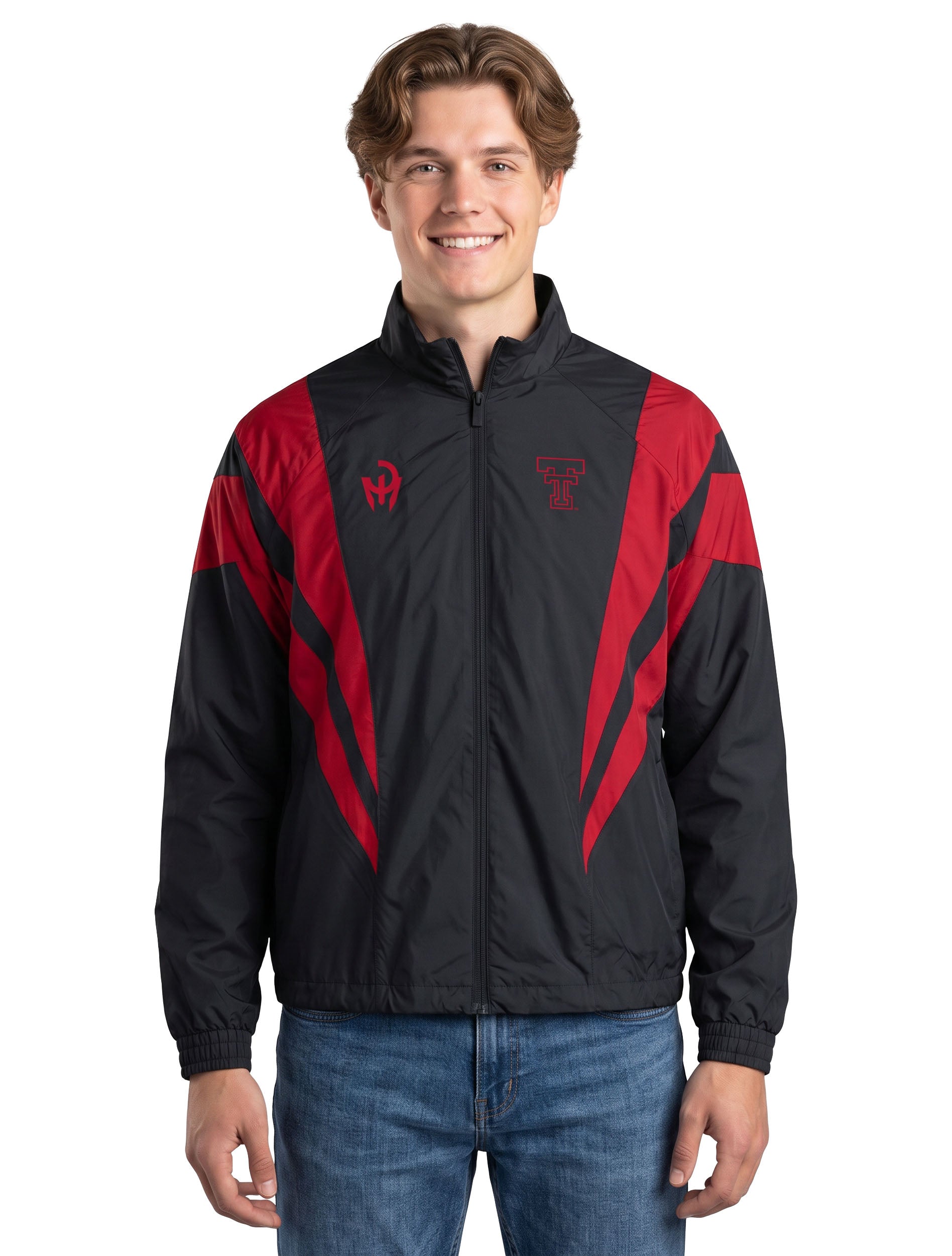 Model wearing the black Texas Tech track jacket with red chevron panels, zipped over a tee and styled with denim