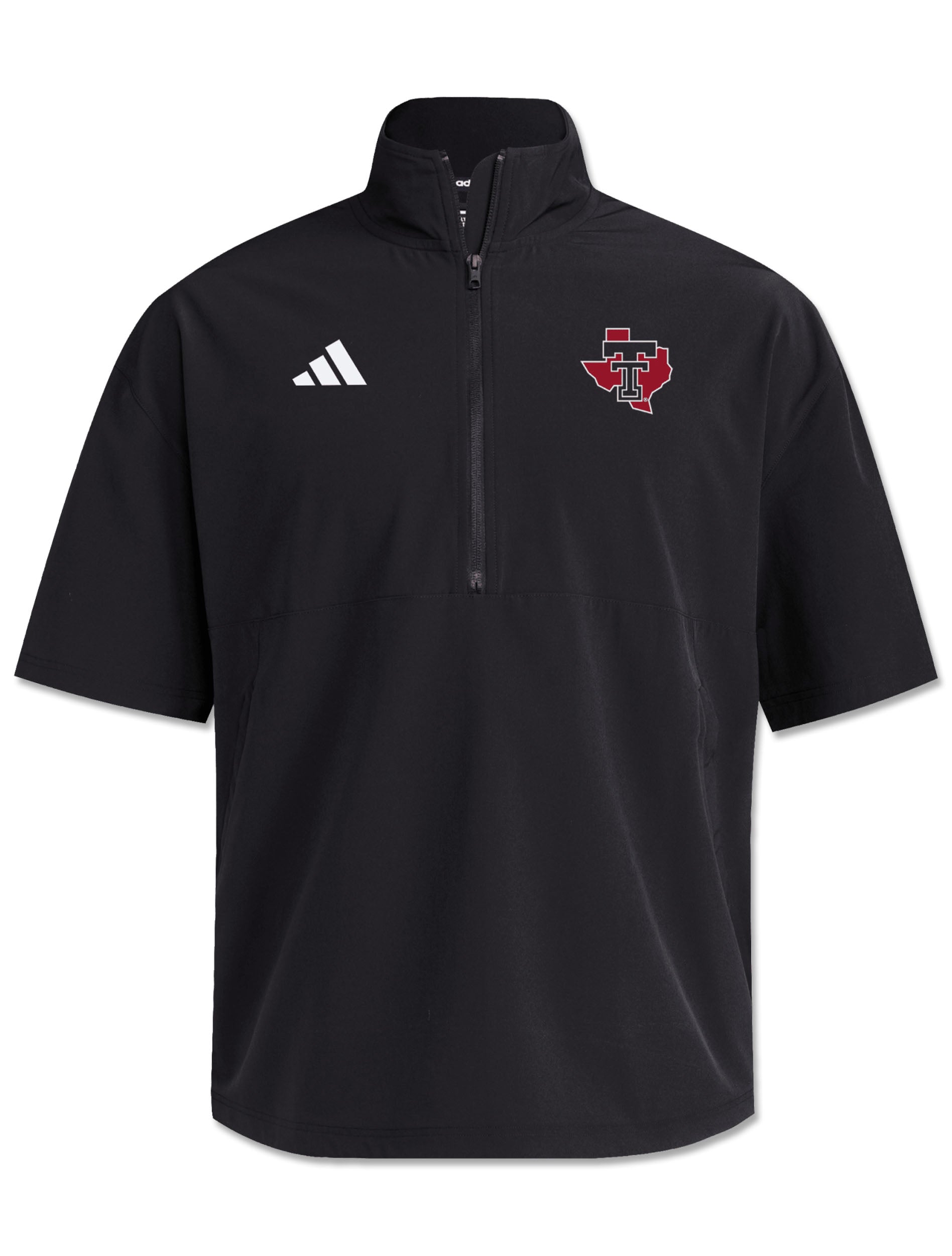 Black Adidas Texas Tech short sleeve woven quarter zip jacket with the Lone Star State logo, a Texas outline with the Double T inside, at the left chest and the adidas Badge of Sport at the right chest