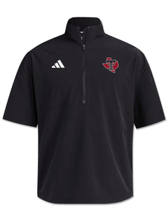 Black Adidas Texas Tech short sleeve woven quarter zip jacket with the Lone Star State logo, a Texas outline with the Double T inside, at the left chest and the adidas Badge of Sport at the right chest