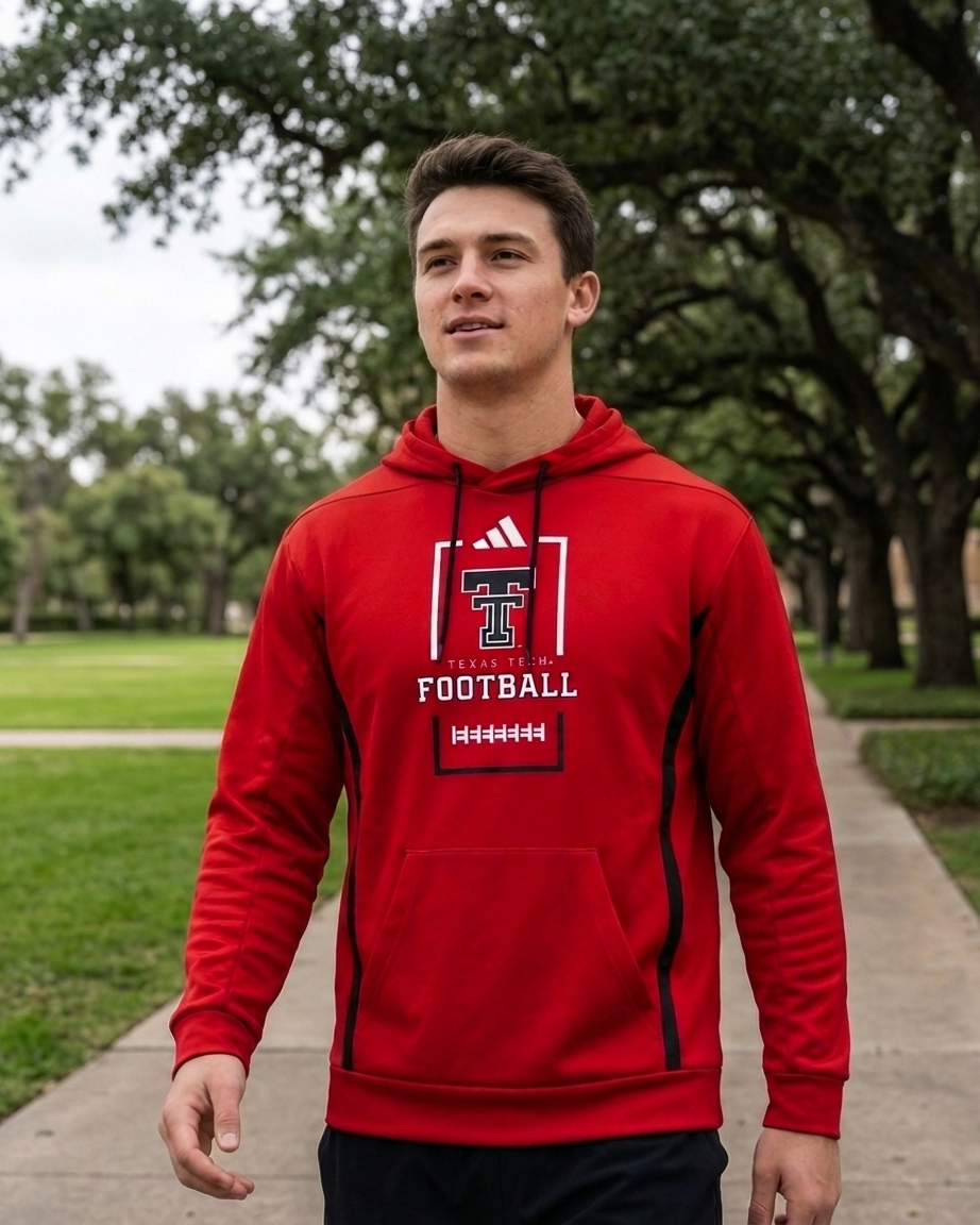 Man wearing the red Adidas Football hoodie on a tree lined campus path