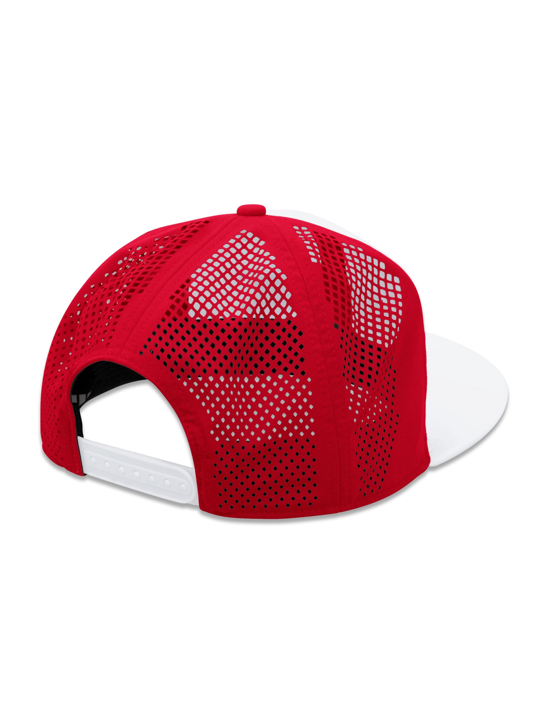 Back of the flat bill cap showing the red laser cut panels and a white snapback closure