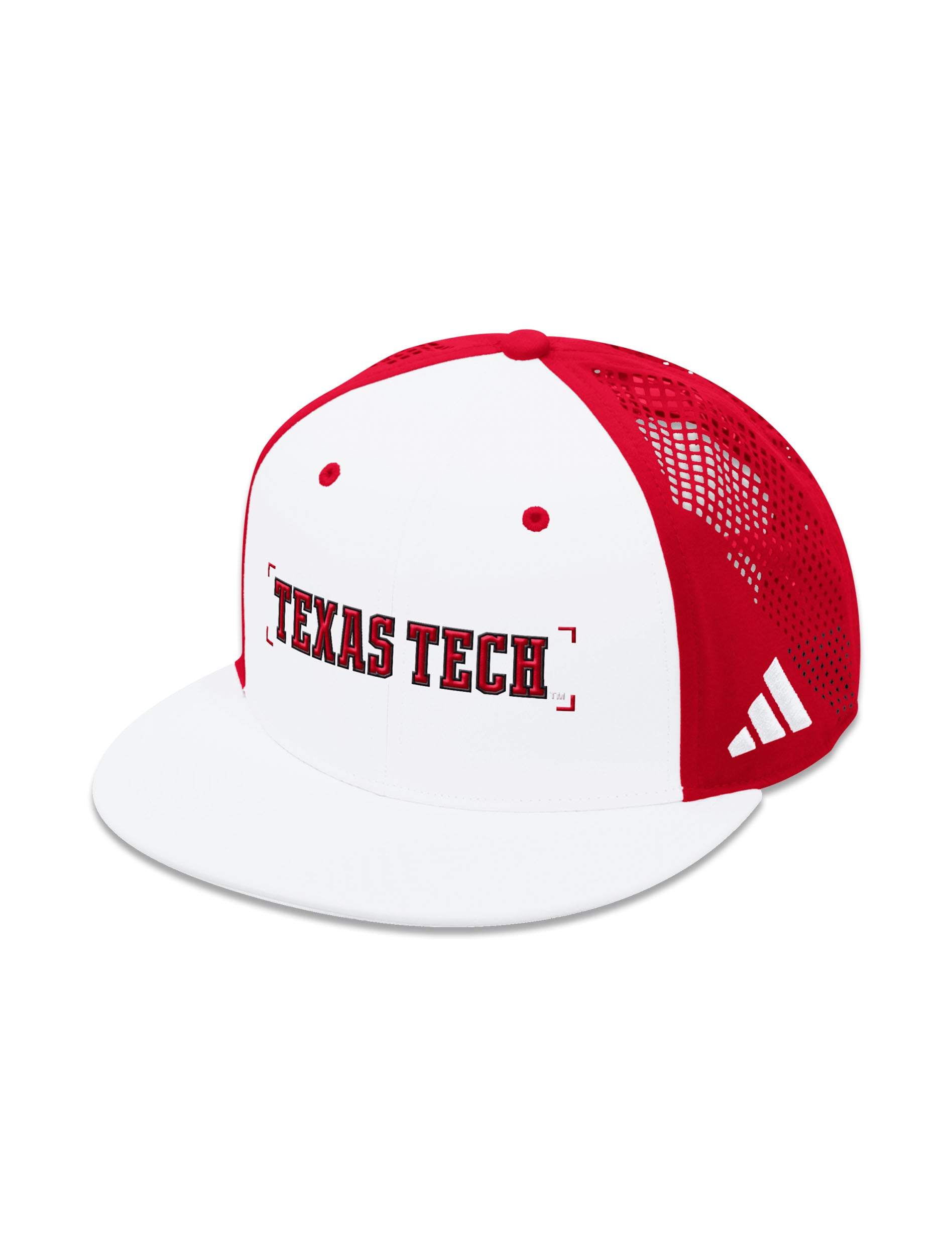 White and red Adidas Texas Tech flat bill cap with TEXAS TECH in red block letters across the white front and laser cut red side panels
