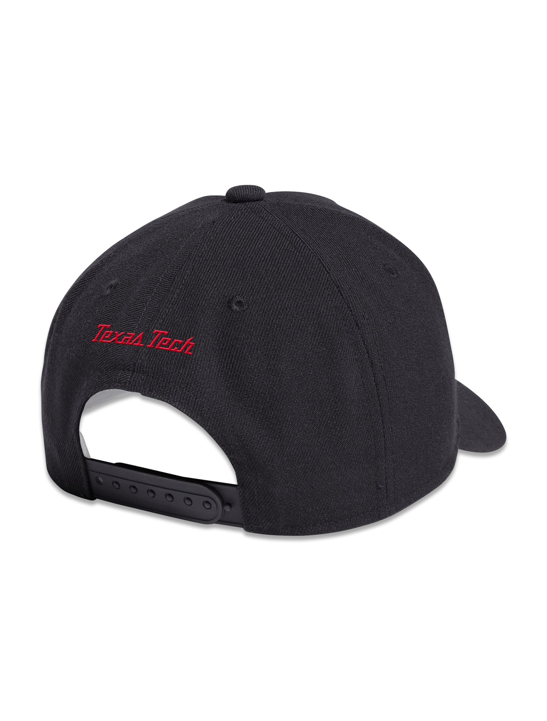Back of the black snapback cap with the Texas Tech script embroidered in red above the adjustable snapback closure