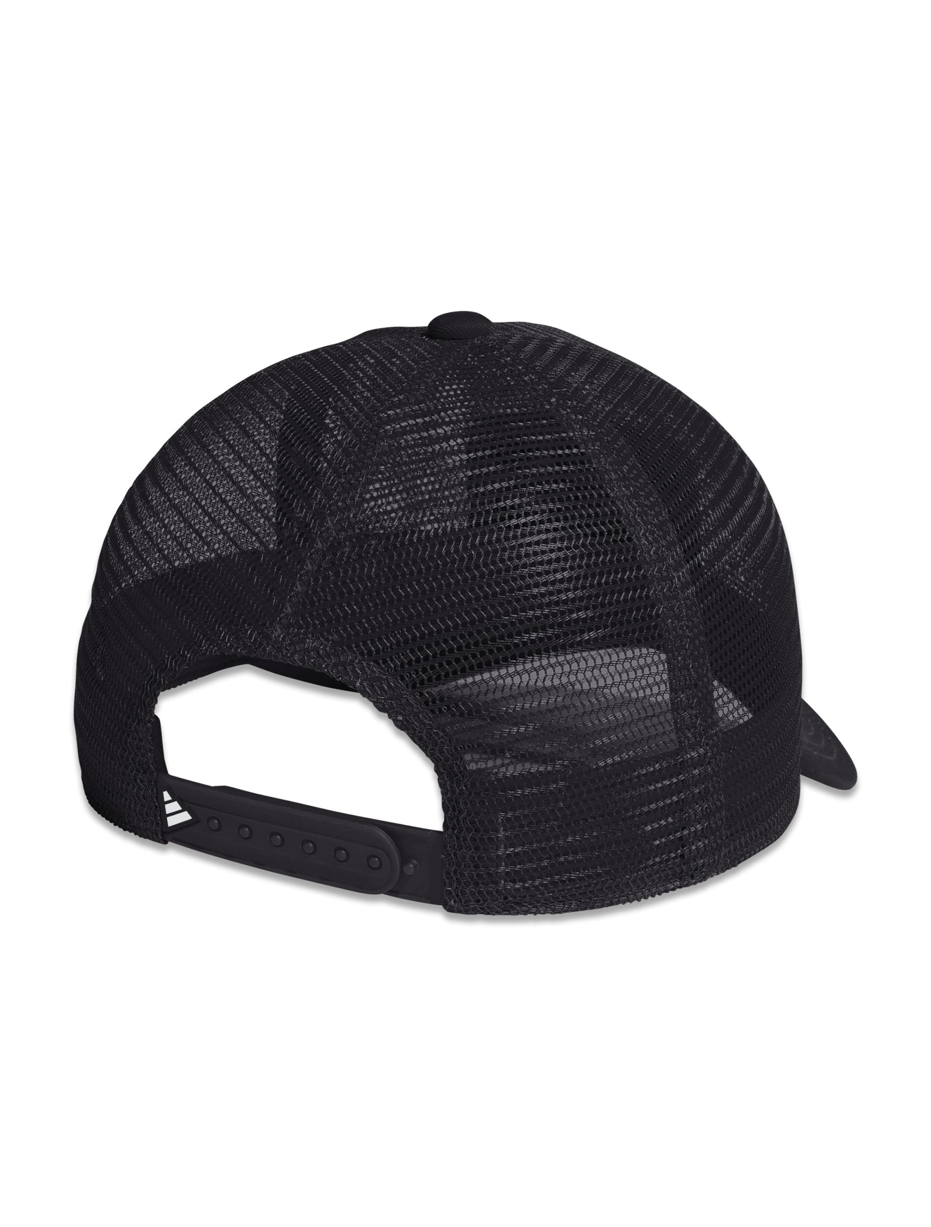 Back of the black mesh trucker cap with an adjustable snapback closure