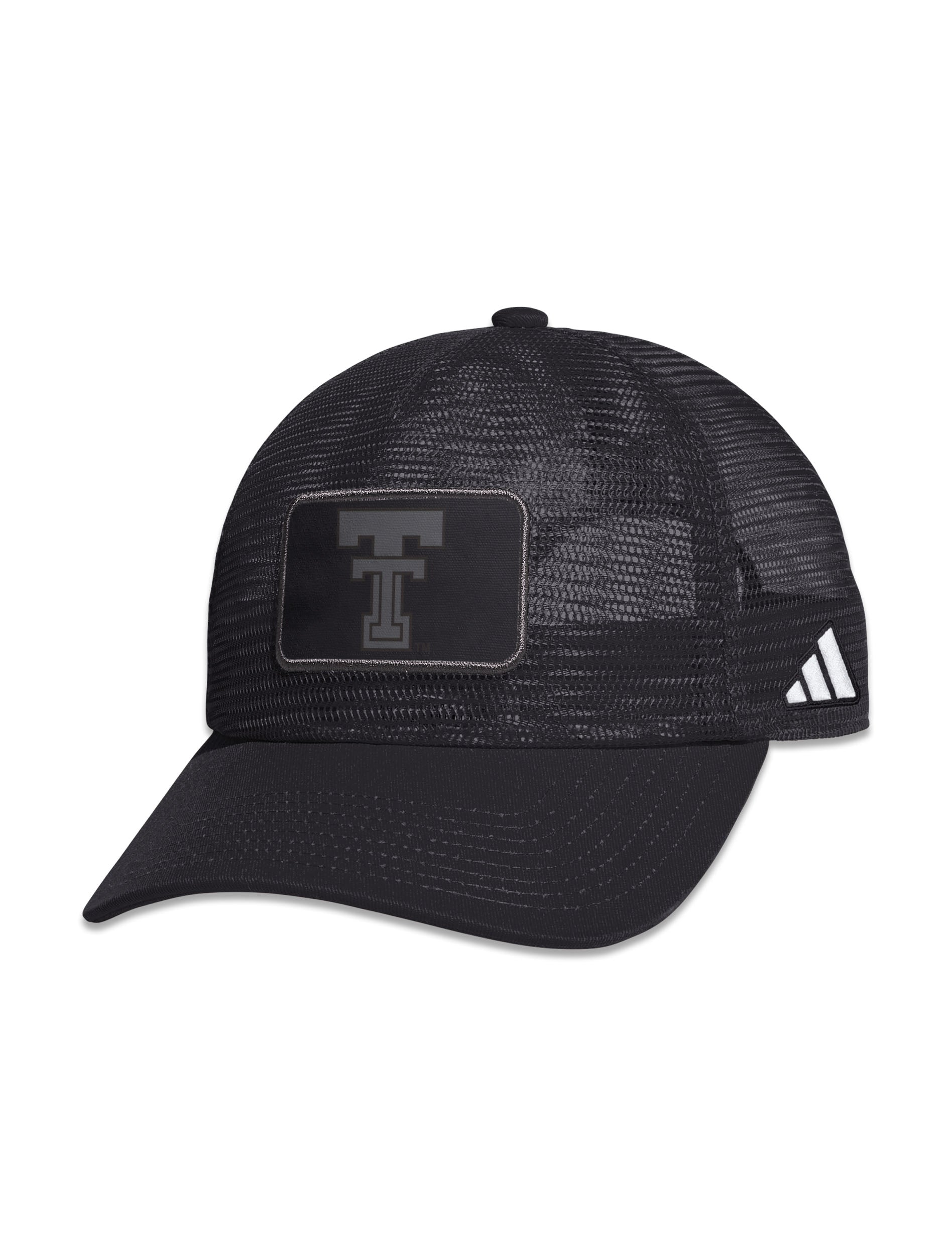 Black Adidas Texas Tech mesh trucker cap with a tonal grey Double T patch on the front