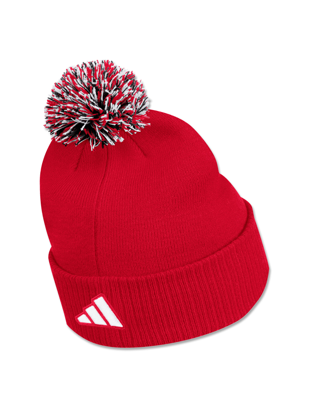 Back of the Adidas Texas Tech Sideline 2026 red pom beanie with a white Adidas badge of sport on the cuff