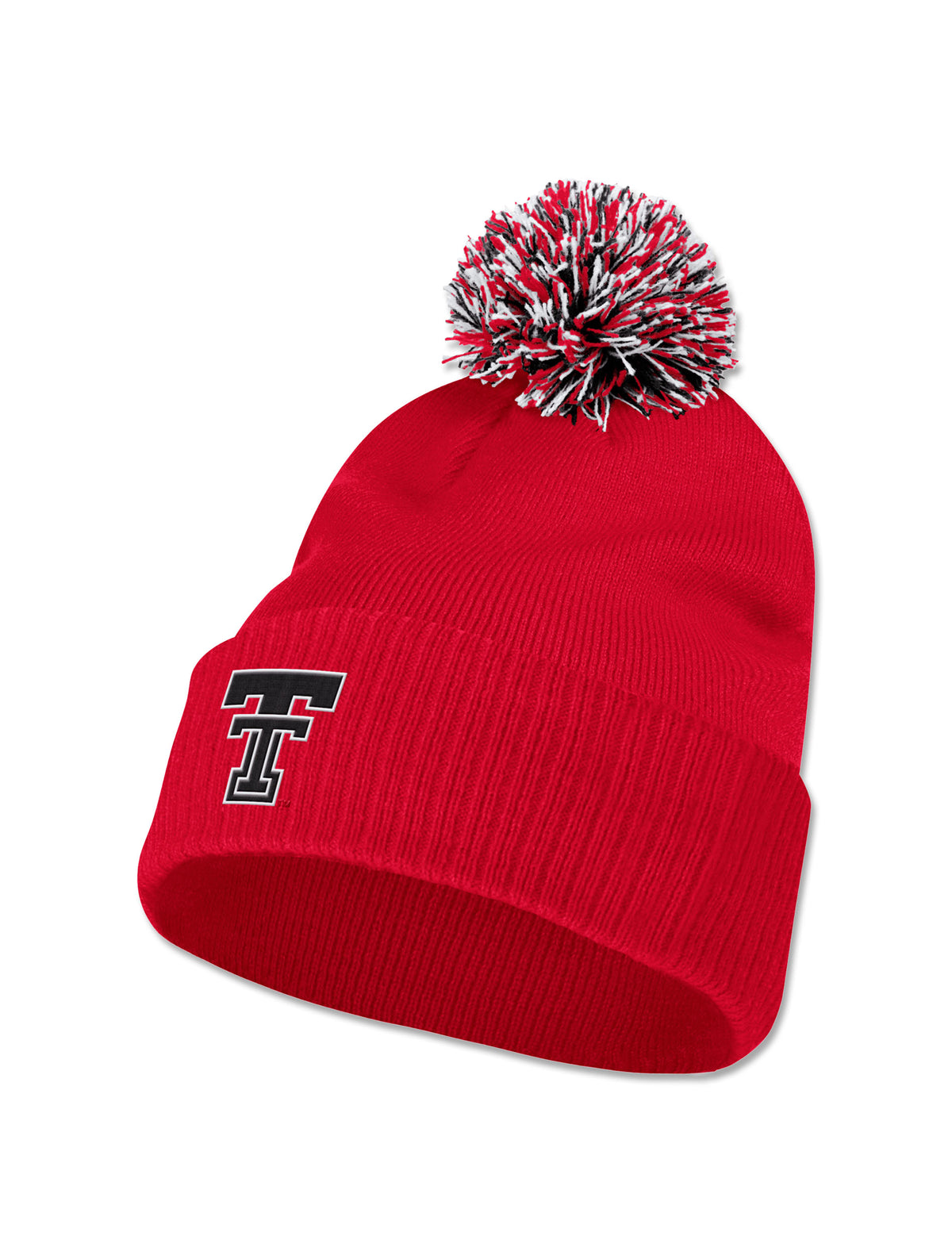 Adidas Texas Tech Sideline 2026 red cuffed pom beanie with a black Double T on the front of the cuff and a red, white and black pom