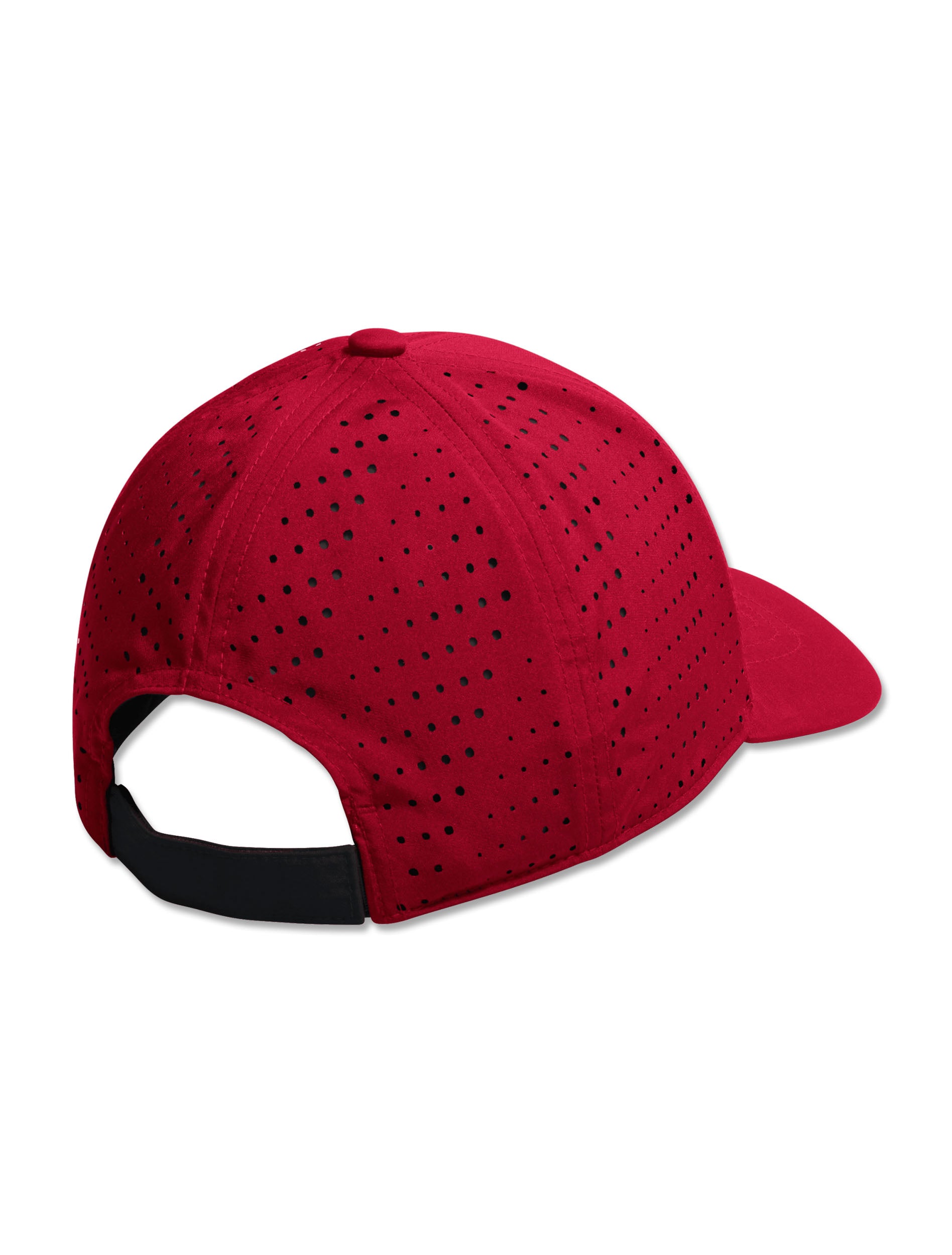 Back of a red Adidas structured performance cap with laser perforation and an adjustable strap