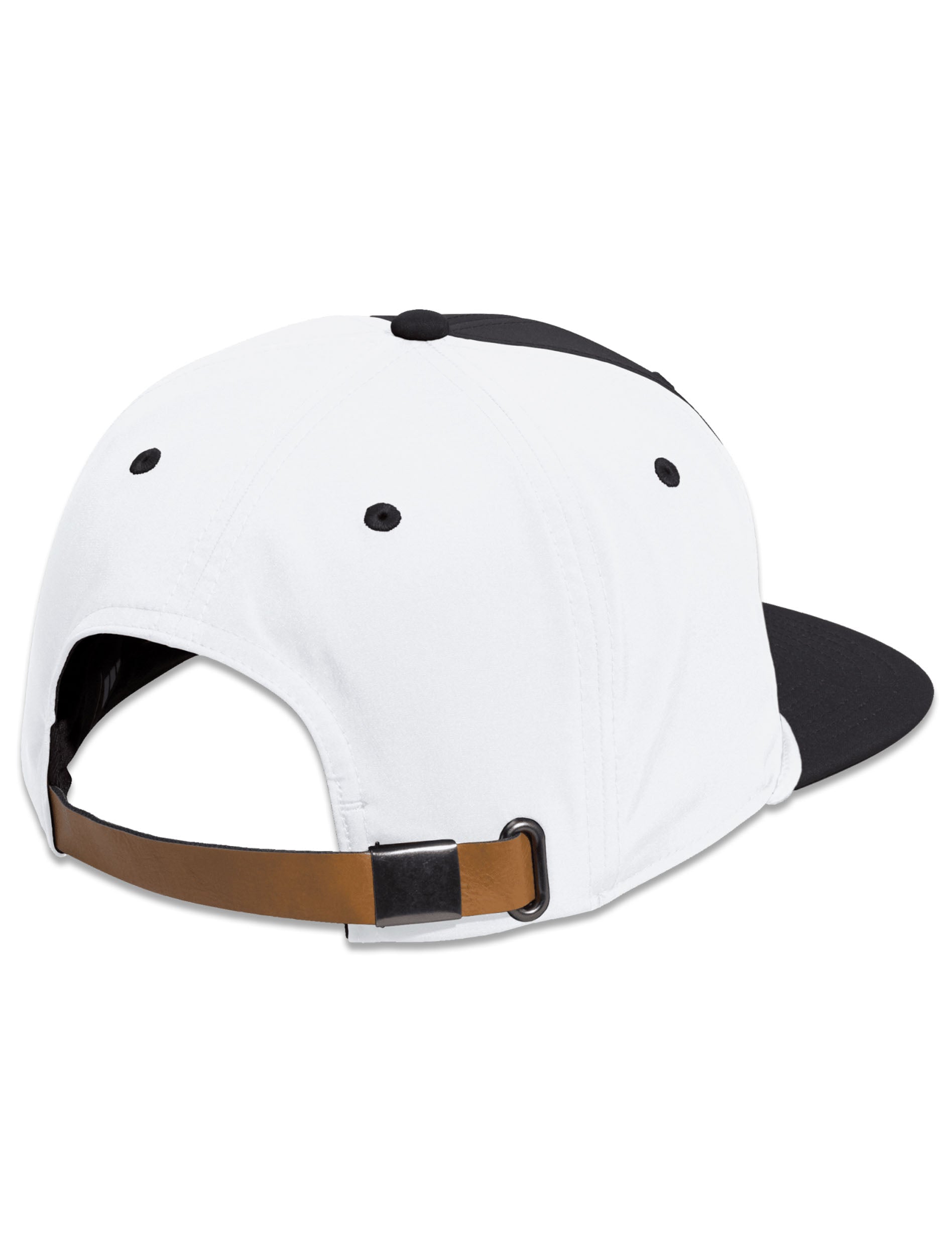 Back of the Adidas Texas Tech cap showing the white crown panels and the brown leather strap with a metal buckle