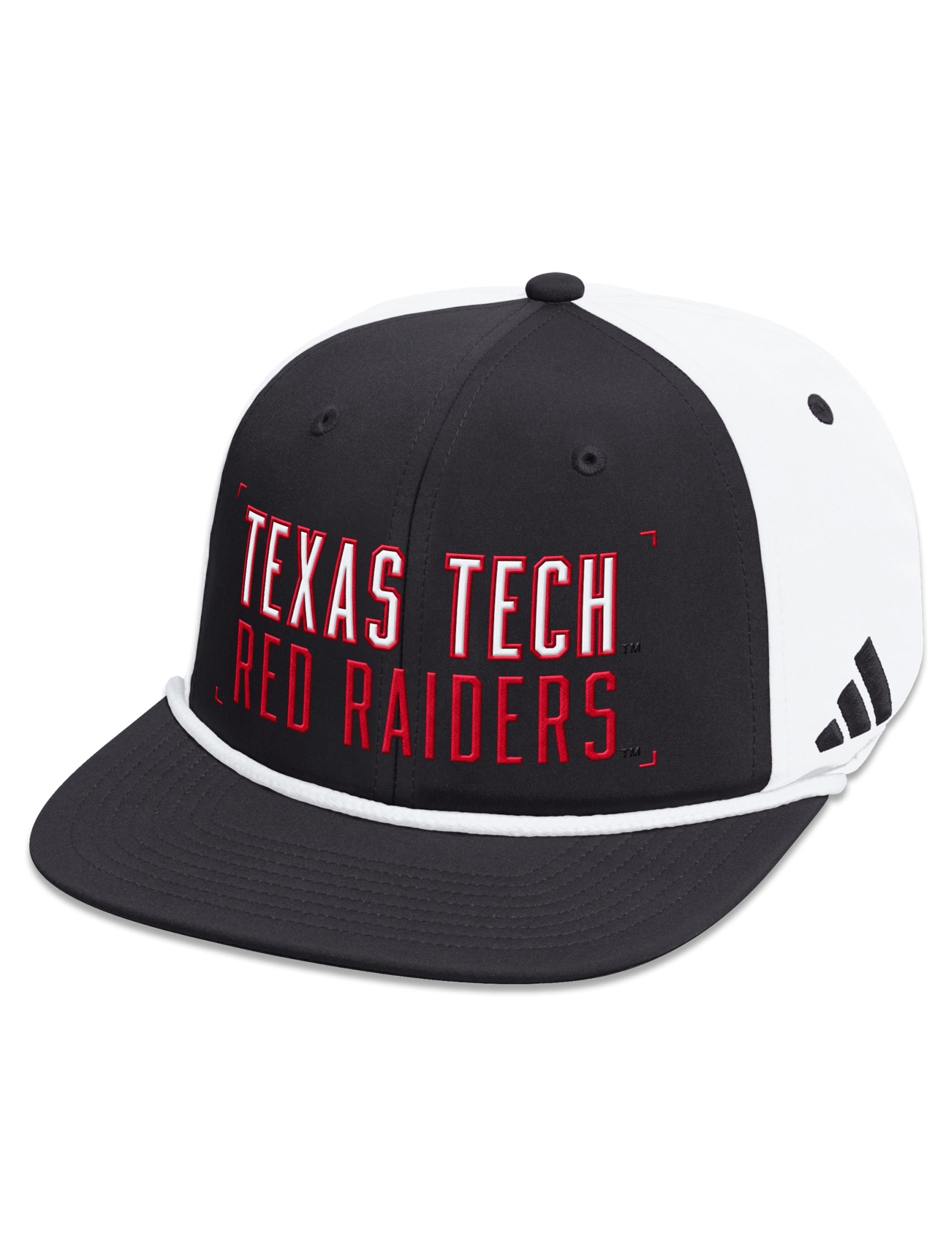 Front of the Adidas Texas Tech cap: TEXAS TECH over RED RAIDERS embroidered in red on a black front panel with a white rope above a black flat brim