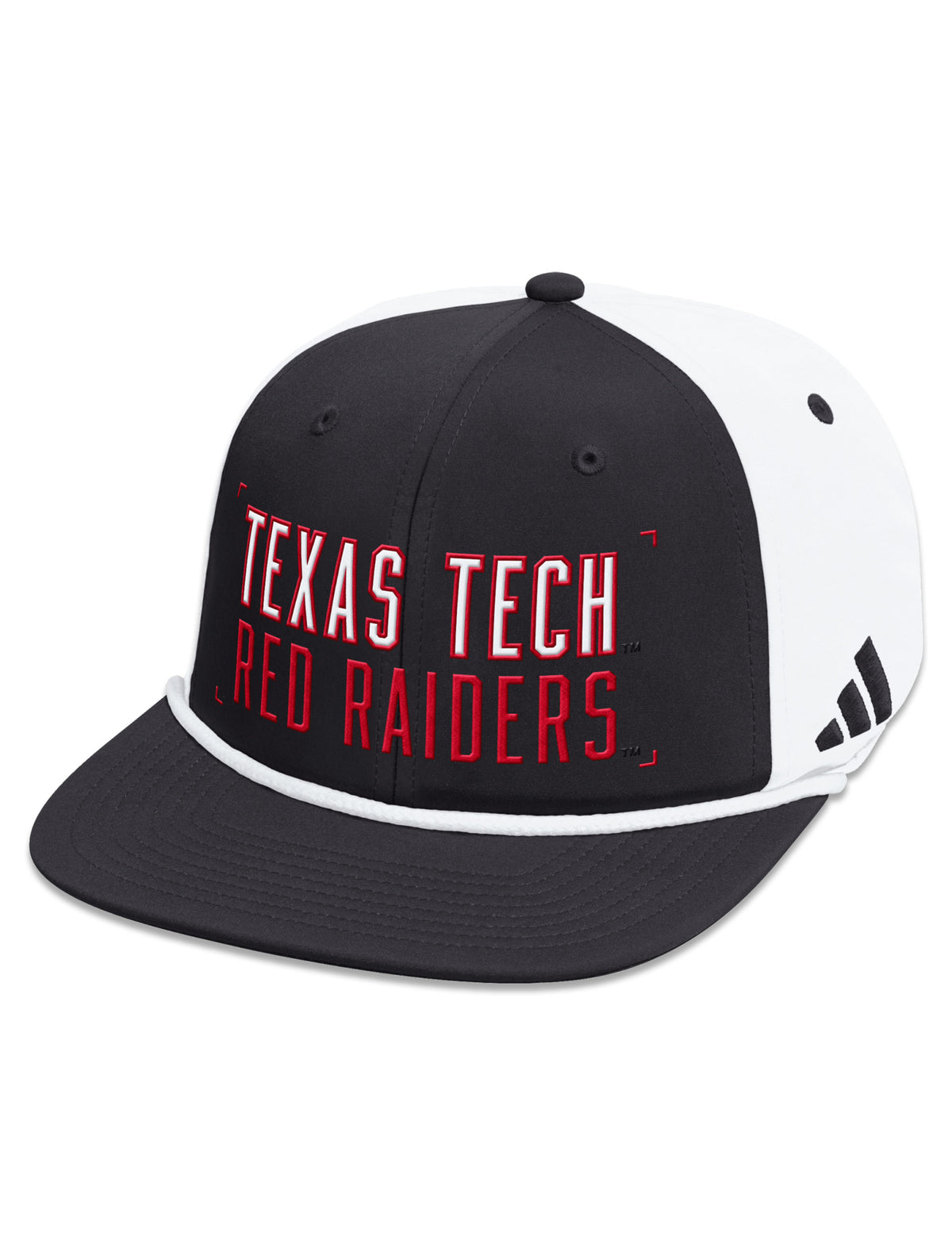 Front of the Adidas Texas Tech cap: TEXAS TECH over RED RAIDERS embroidered in red on a black front panel with a white rope above a black flat brim