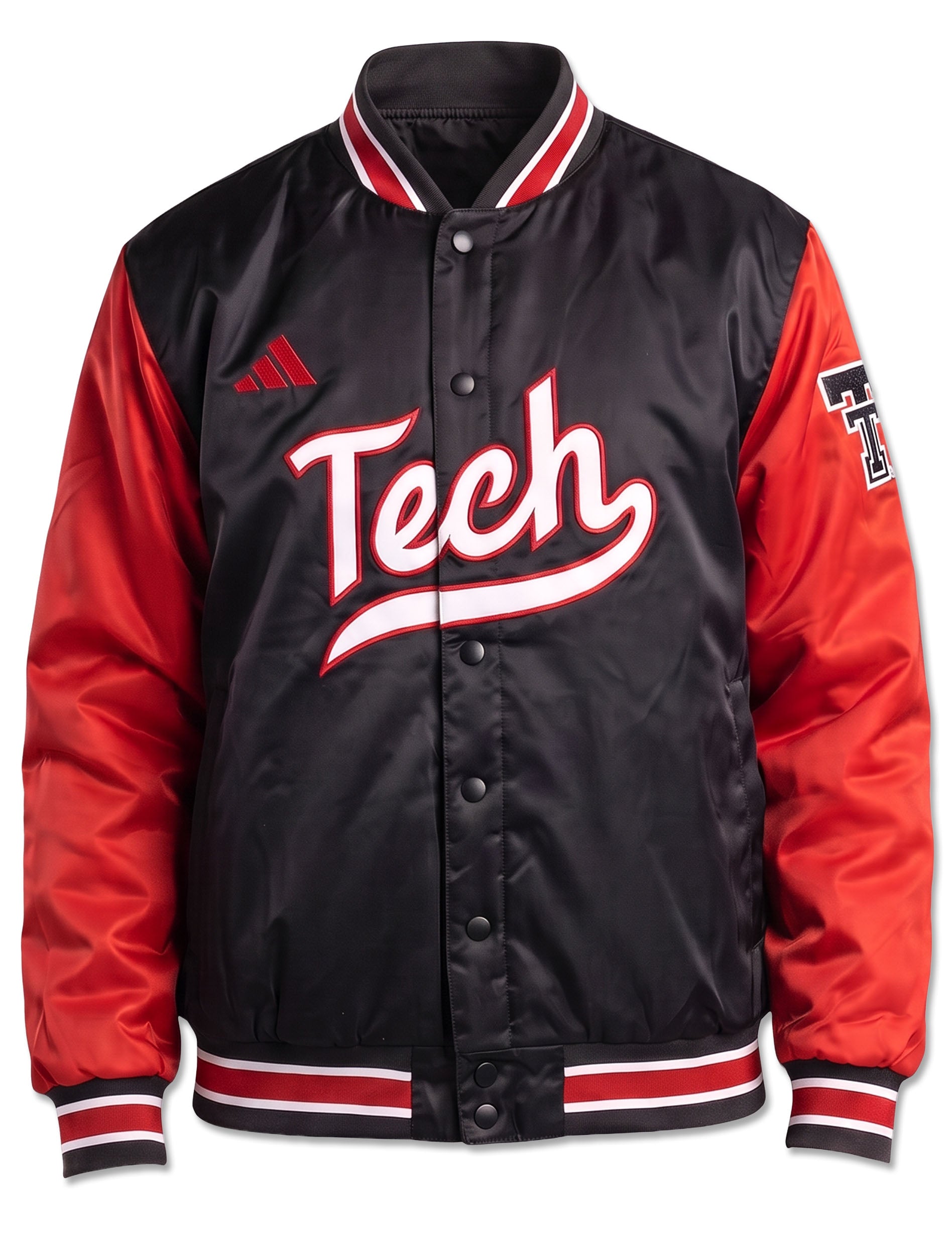 Black satin Adidas jacket with red sleeves, Tech in white script across the chest, a throwback Double T on the sleeve and striped ribbed trim