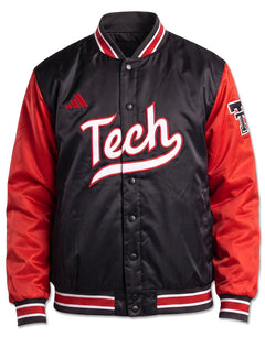 Black satin Adidas jacket with red sleeves, Tech in white script across the chest, a throwback Double T on the sleeve and striped ribbed trim