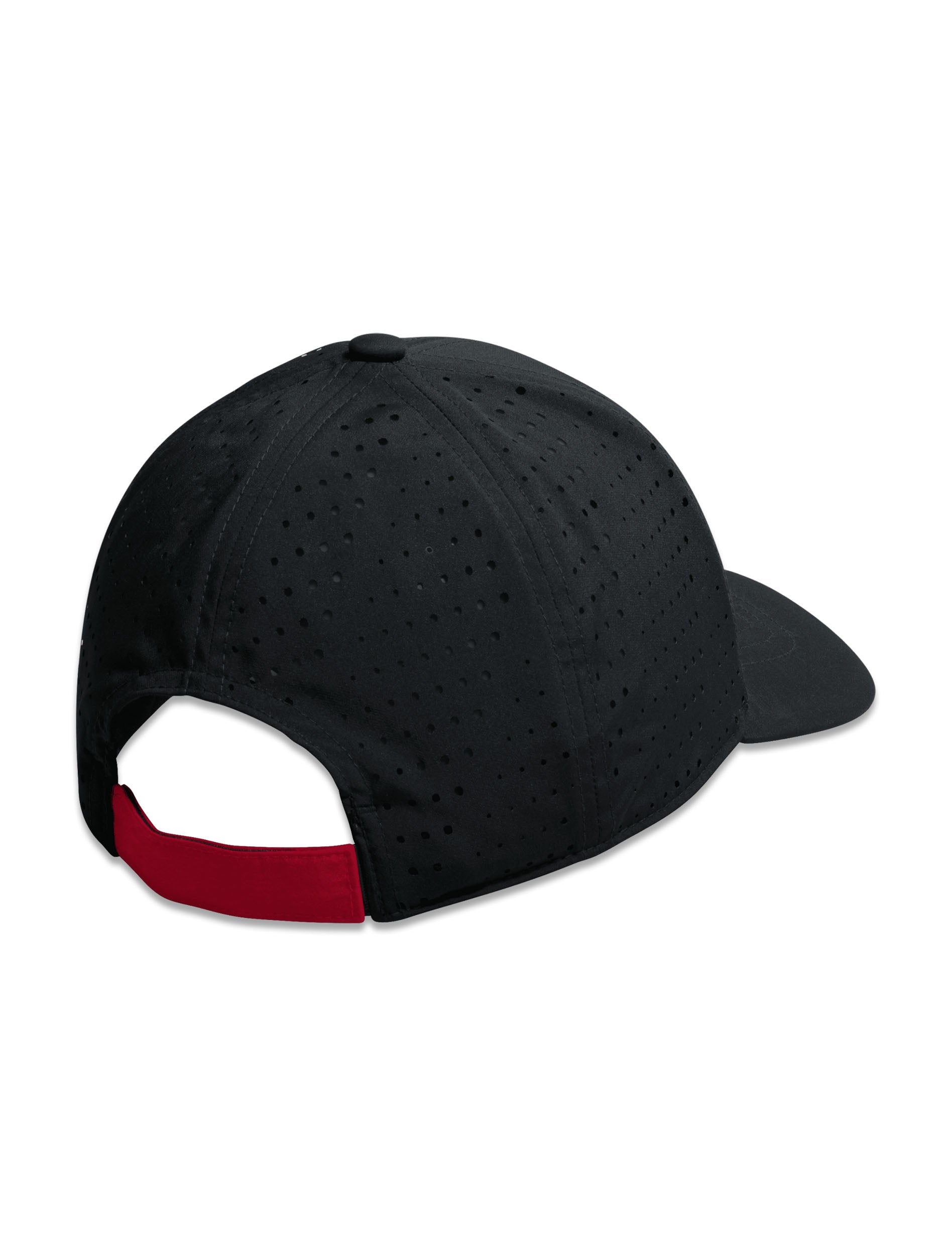 Back of the black perforated performance cap with a red adjustable strap