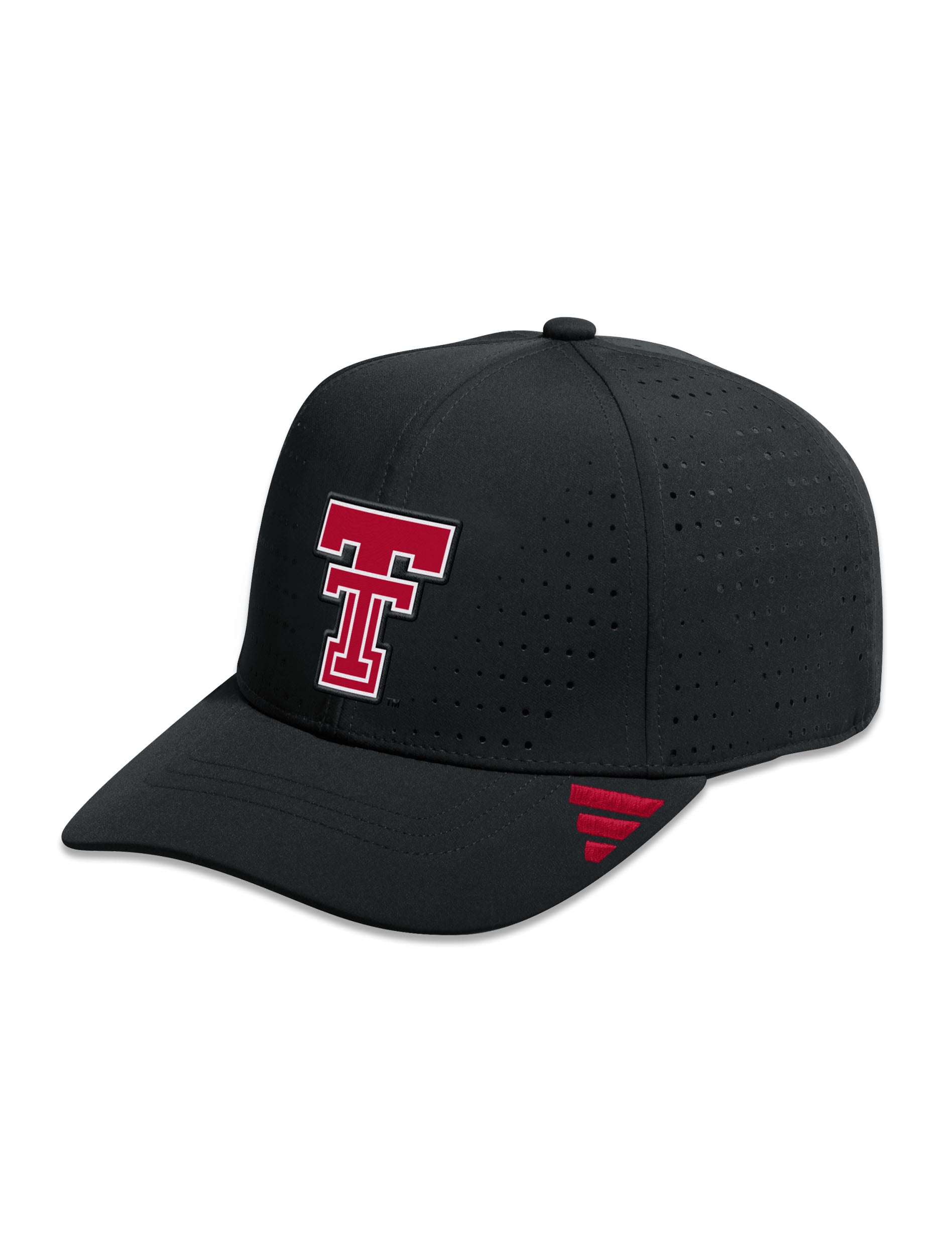 Black Adidas Texas Tech performance cap with laser cut perforation, a raised red Double T on the front and a red Adidas badge of sport on the brim
