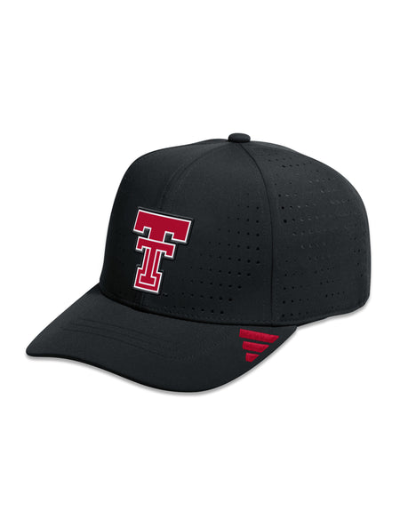 Black Adidas Texas Tech performance cap with laser cut perforation, a raised red Double T on the front and a red Adidas badge of sport on the brim