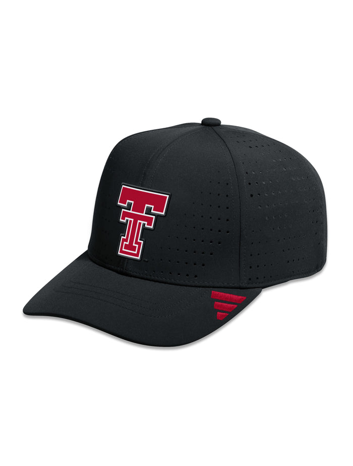 Black Adidas Texas Tech performance cap with laser cut perforation, a raised red Double T on the front and a red Adidas badge of sport on the brim