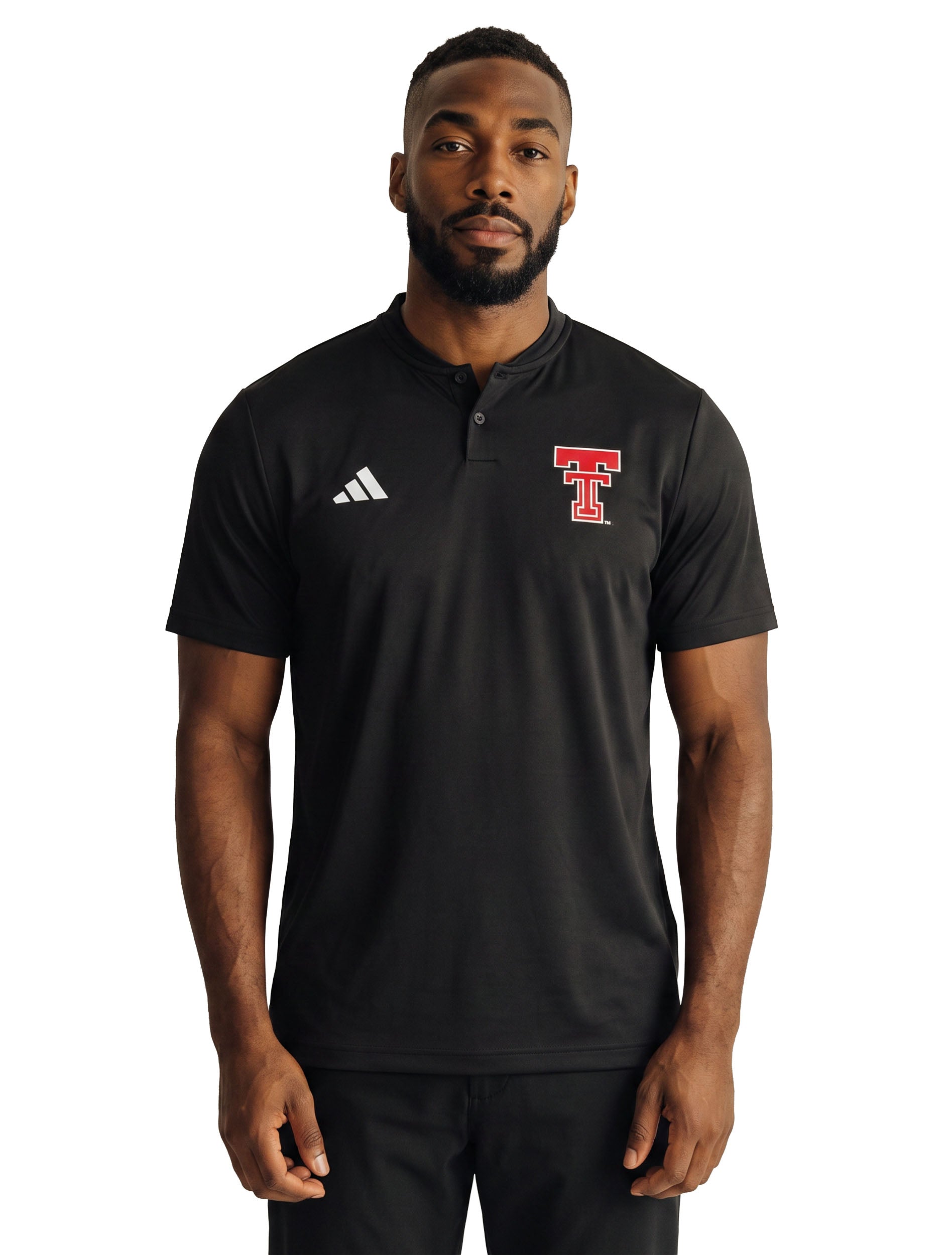 Model wearing the black Adidas Texas Tech polo, front view showing the band style sport collar, the two button placket, and the red Double T at the left chest