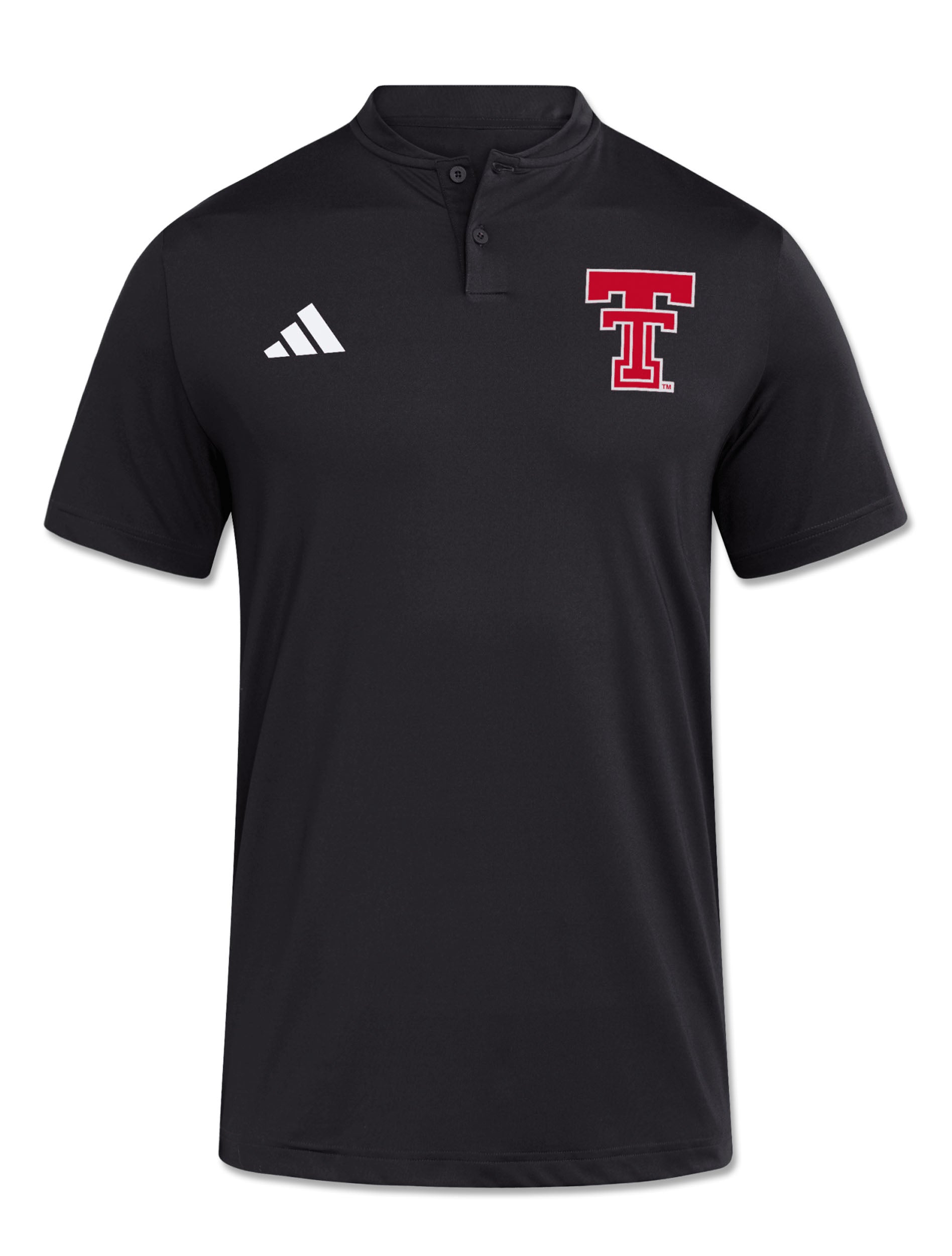 Black Adidas Texas Tech polo with a band style sport collar, a two button placket, a red Double T at the left chest and the white adidas Badge of Sport at the right chest