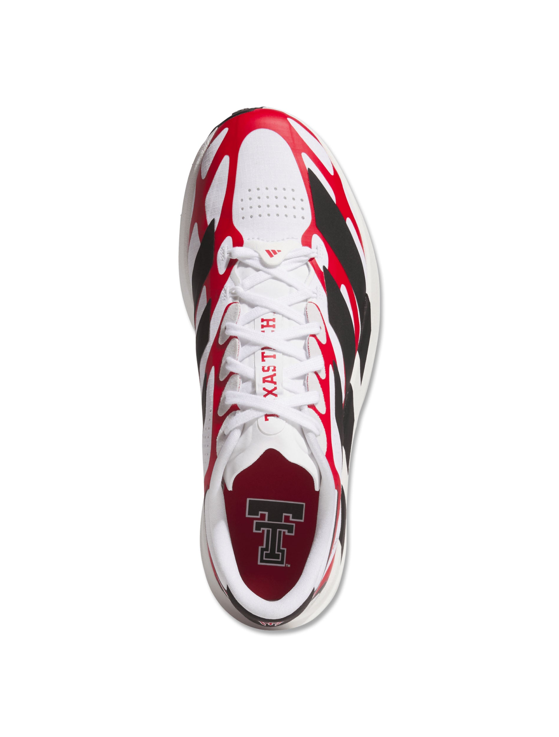 Side medial view of the white Adidas Texas Tech Adizero Evo SL Exo running shoe