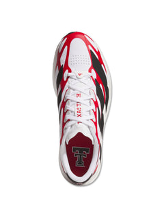 Side medial view of the white Adidas Texas Tech Adizero Evo SL Exo running shoe