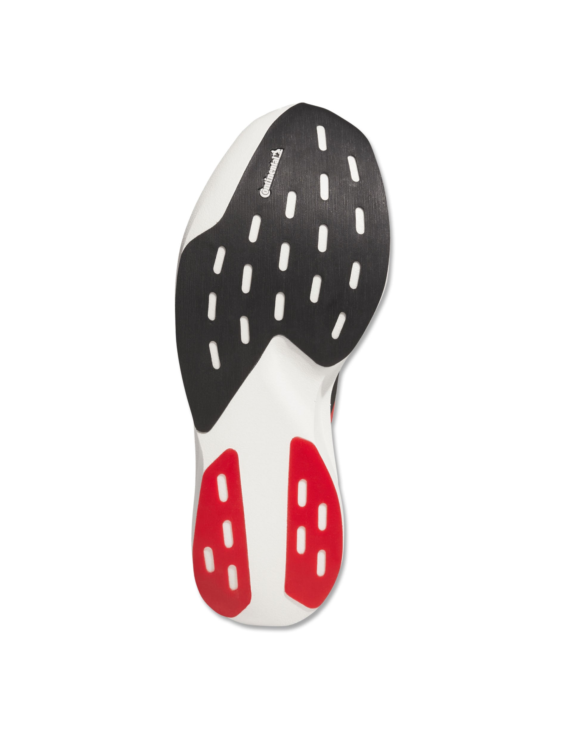 Outsole of the Adidas Texas Tech Adizero Evo SL Exo running shoe with a black Continental rubber forefoot pad and red heel pods
