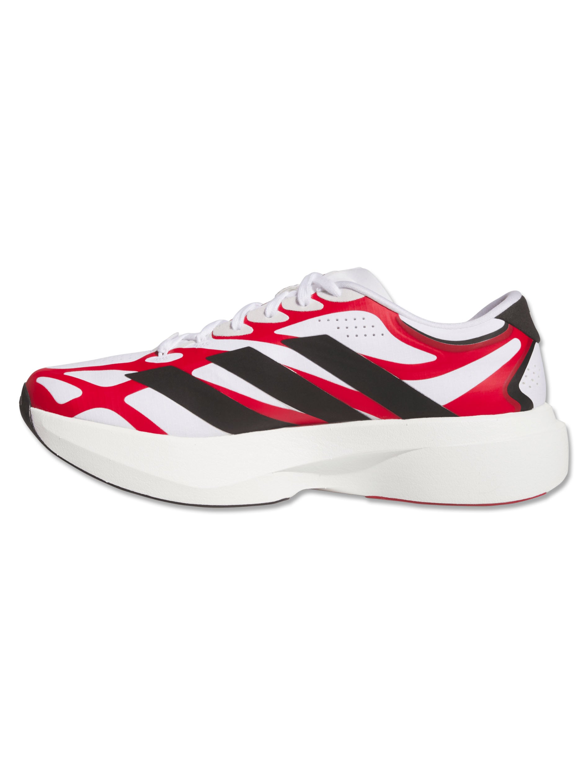 Top view of the white Adidas Texas Tech Adizero Evo SL Exo running shoe showing the Double T on the red sockliner