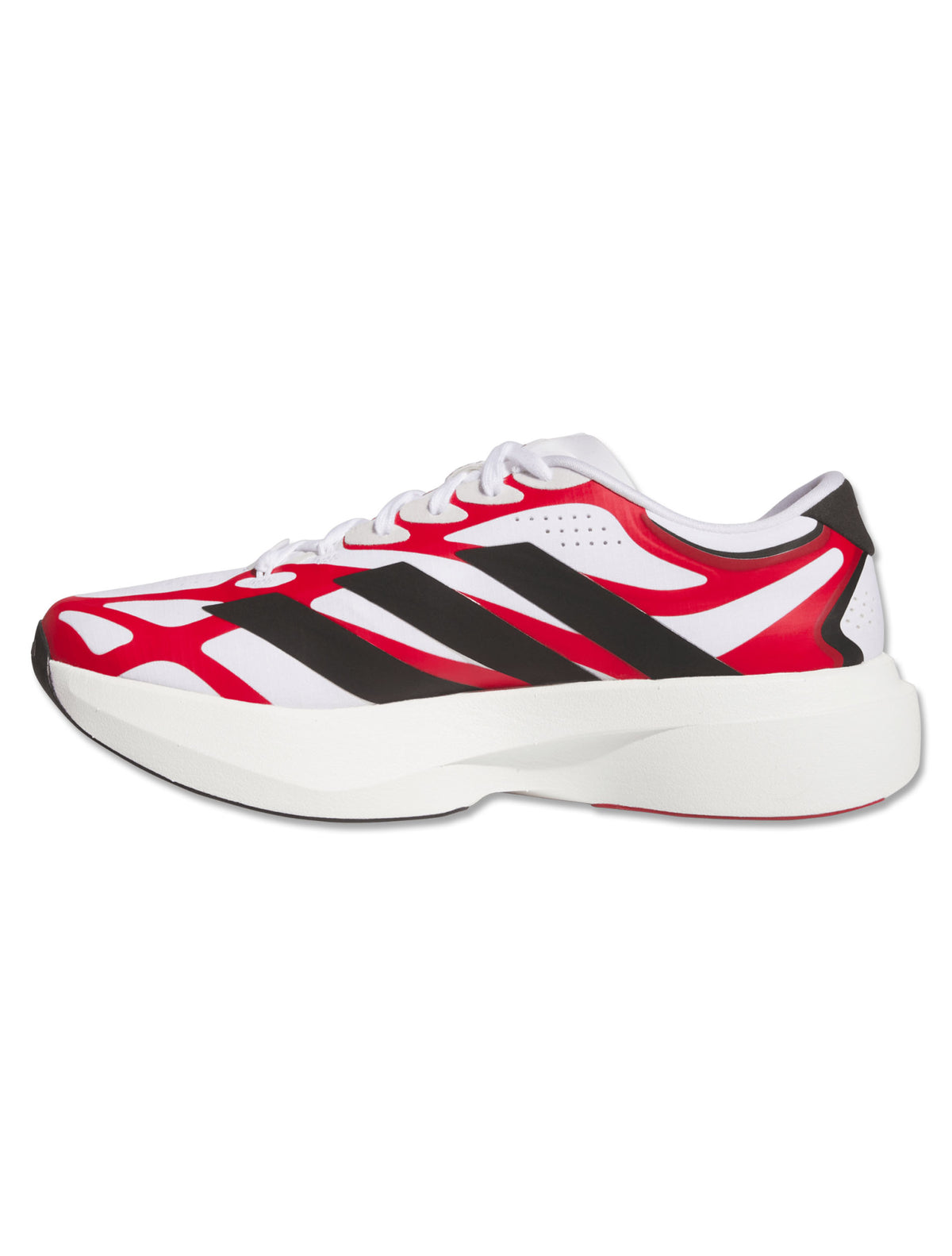 Top view of the white Adidas Texas Tech Adizero Evo SL Exo running shoe showing the Double T on the red sockliner