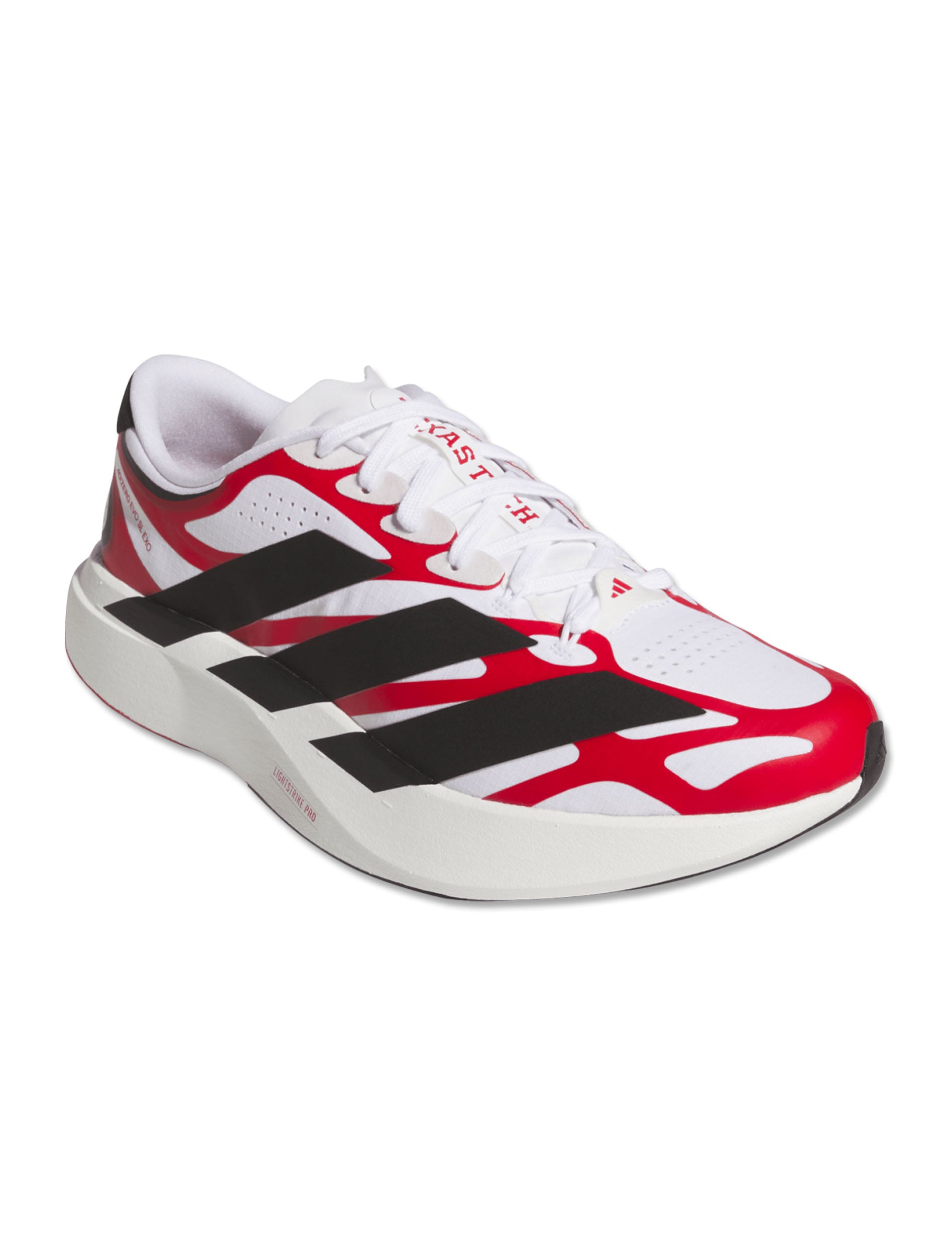 White Adidas Texas Tech Adizero Evo SL Exo running shoe, side lateral view with red and black flame overlays and black Three Stripes