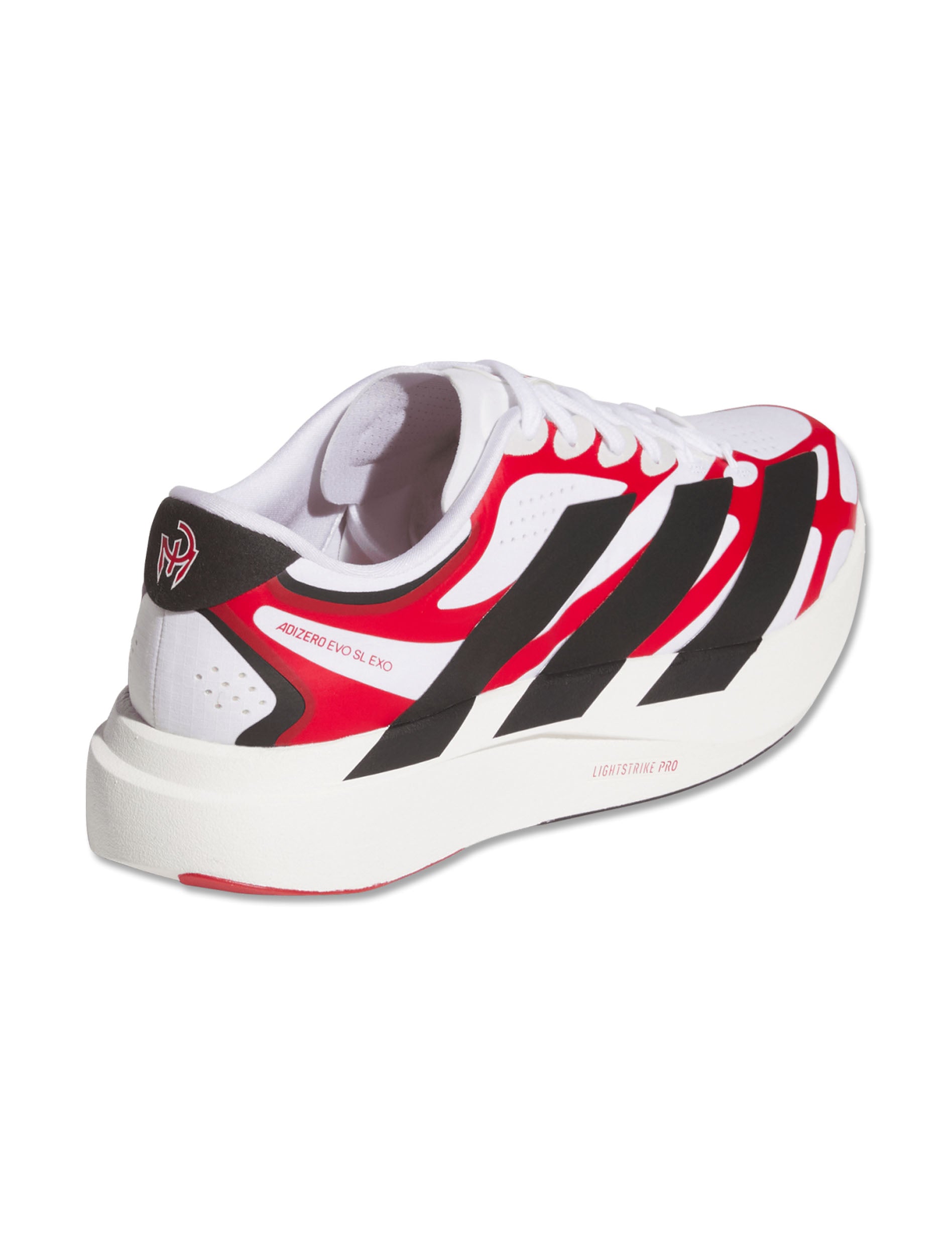 Angled front view of the white Adidas Texas Tech Adizero Evo SL Exo running shoe showing Texas Tech printed in red on the tongue