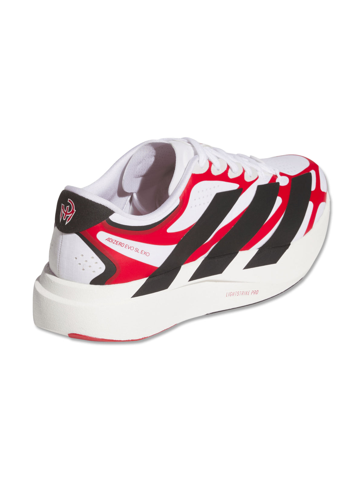 Angled front view of the white Adidas Texas Tech Adizero Evo SL Exo running shoe showing Texas Tech printed in red on the tongue