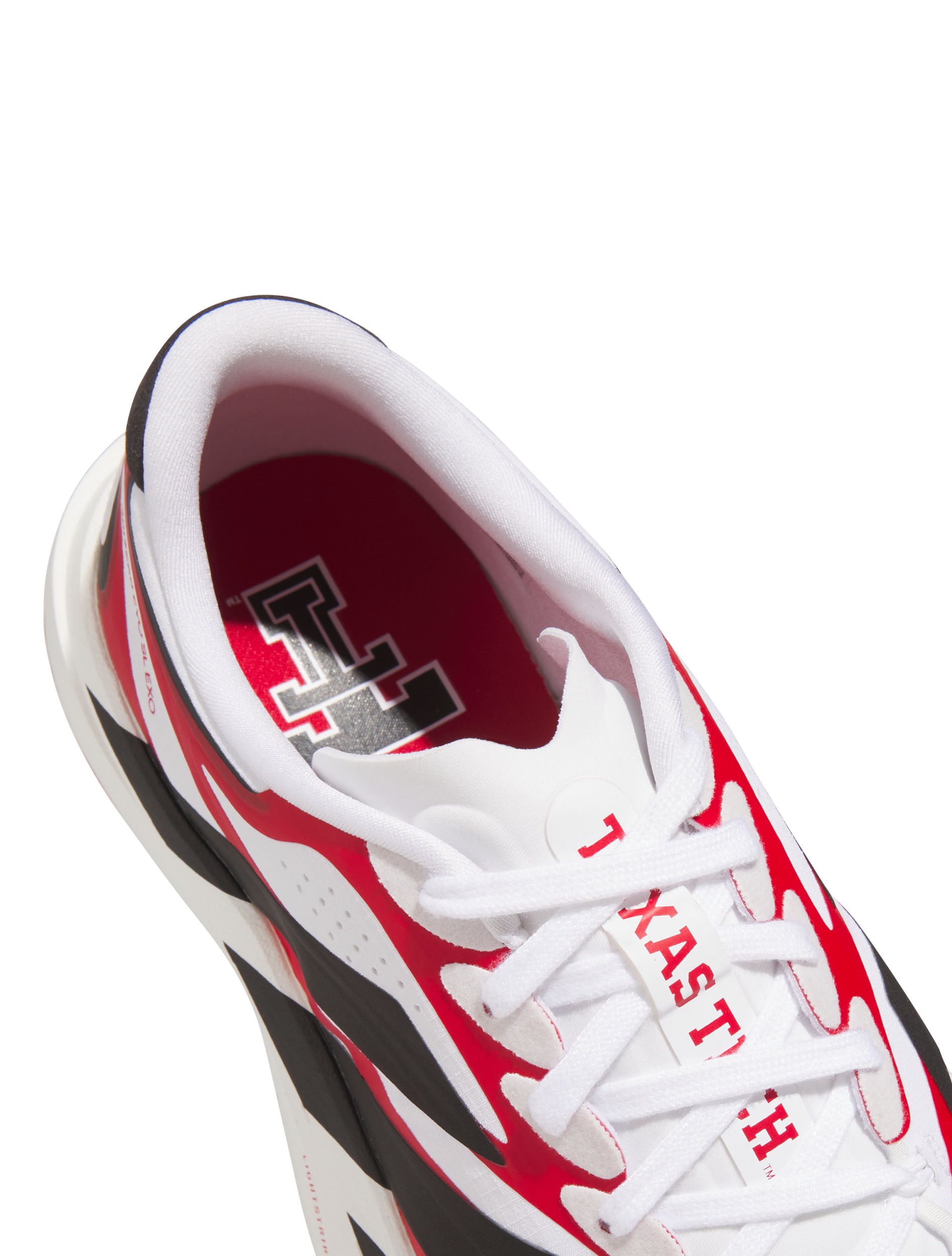 Back lateral view of the white Adidas Texas Tech Adizero Evo SL Exo running shoe showing the Patrick Mahomes gladiator logo on the black heel tab