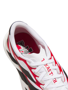 Back lateral view of the white Adidas Texas Tech Adizero Evo SL Exo running shoe showing the Patrick Mahomes gladiator logo on the black heel tab