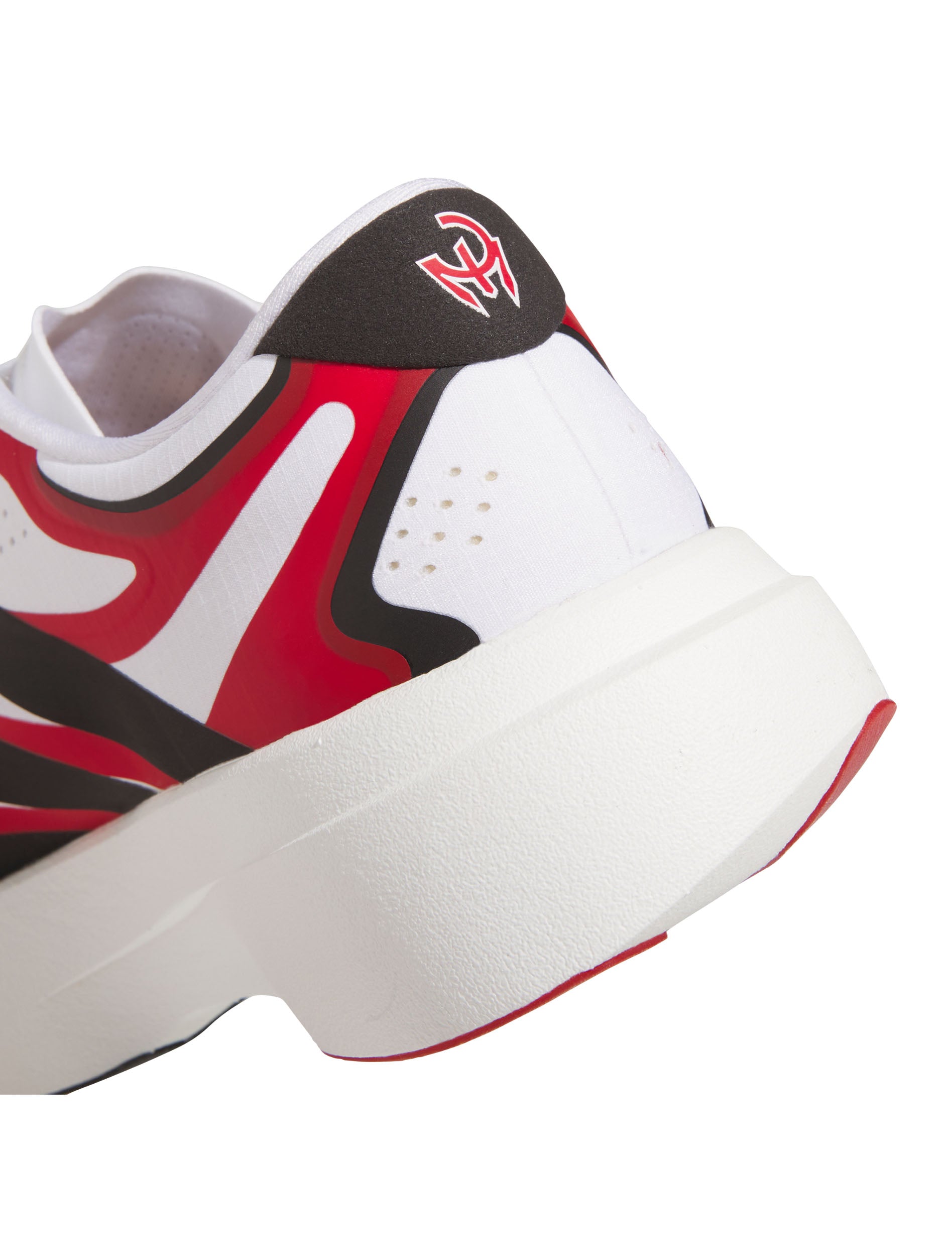 Close up of the heel on the Adidas Texas Tech Adizero Evo SL Exo running shoe, with the Patrick Mahomes gladiator logo above the cream LightstrikePro midsole