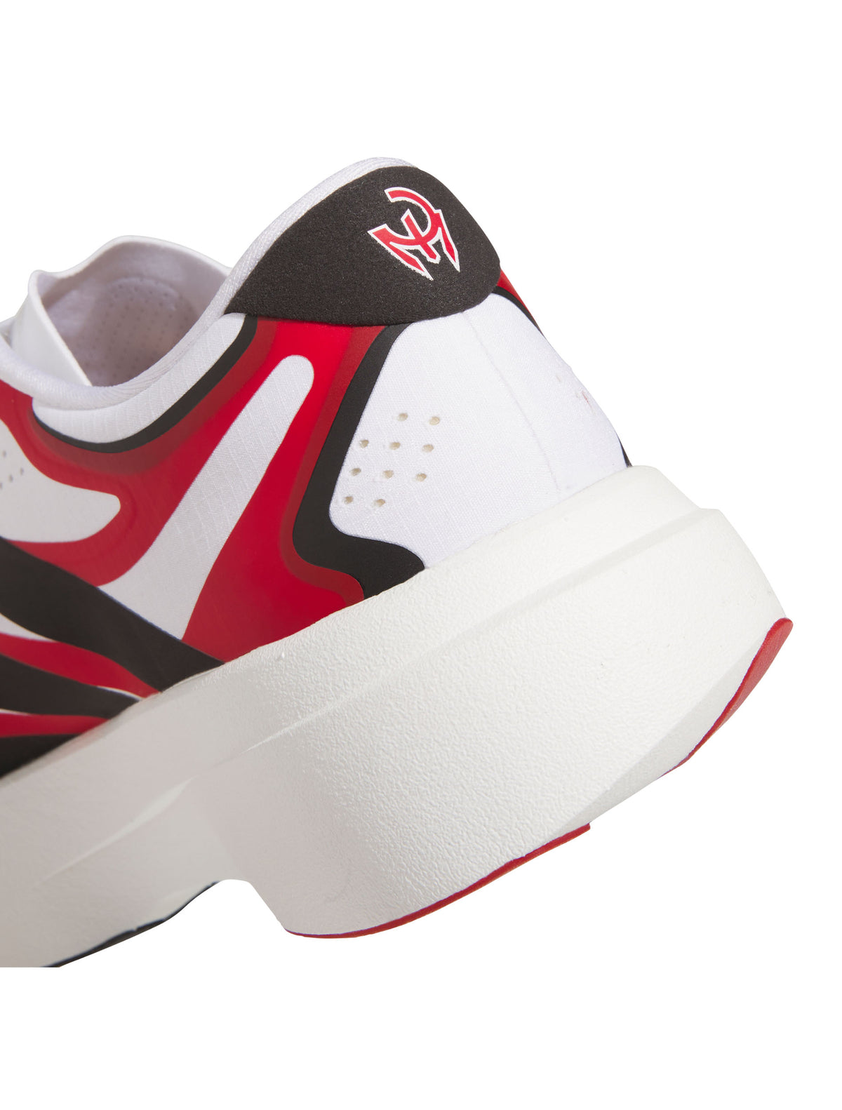 Close up of the heel on the Adidas Texas Tech Adizero Evo SL Exo running shoe, with the Patrick Mahomes gladiator logo above the cream LightstrikePro midsole