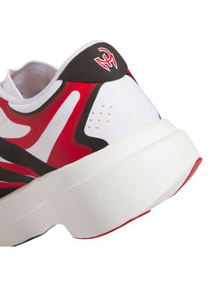 Close up of the heel on the Adidas Texas Tech Adizero Evo SL Exo running shoe, with the Patrick Mahomes gladiator logo above the cream LightstrikePro midsole