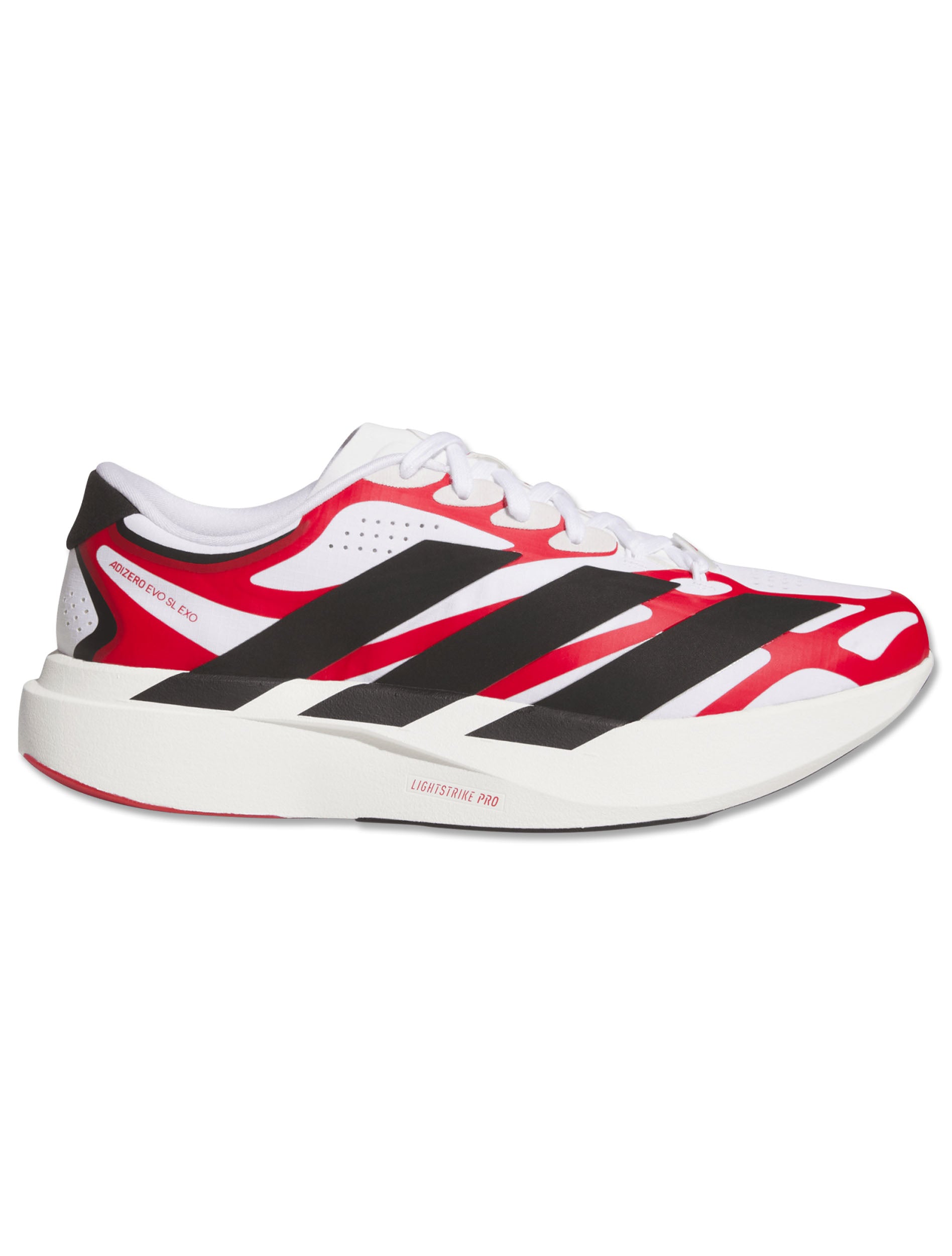 Side lateral view of the white Adidas Texas Tech Adizero Evo SL Exo running shoe with Adizero Evo SL Exo printed on the midsole