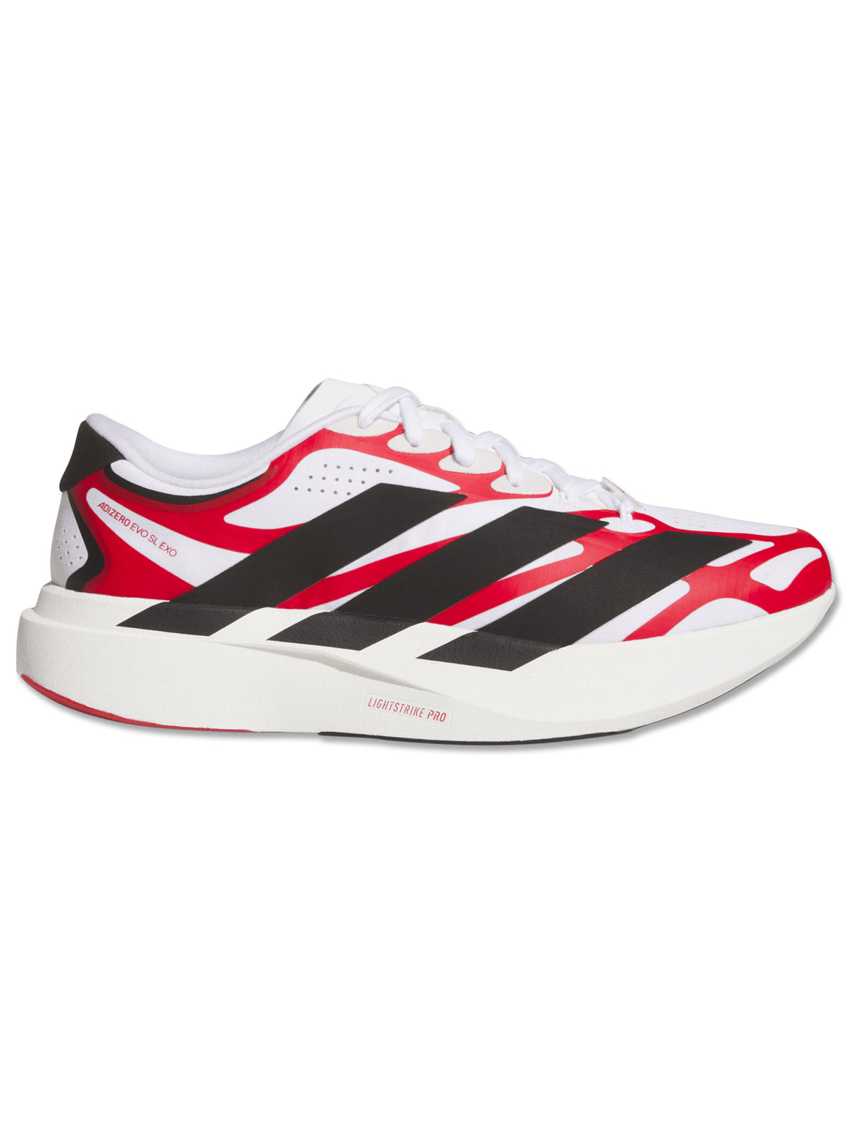 Side lateral view of the white Adidas Texas Tech Adizero Evo SL Exo running shoe with Adizero Evo SL Exo printed on the midsole