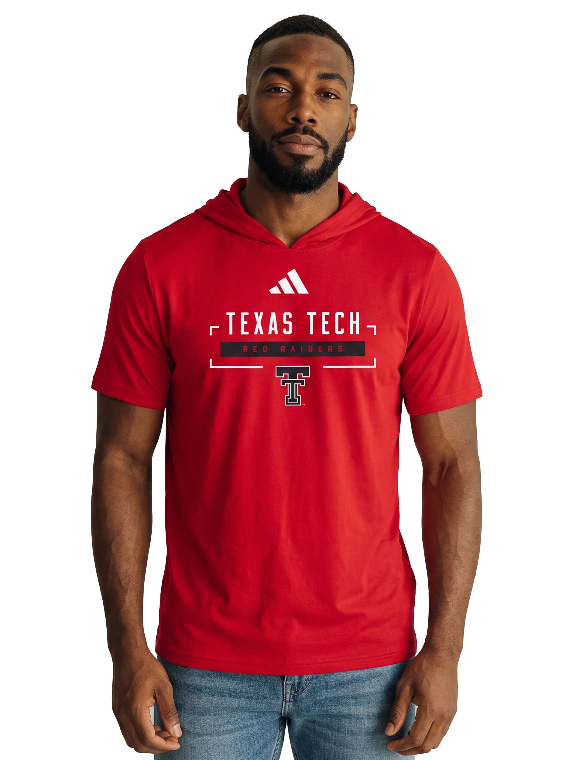 Model wearing the red Adidas Texas Tech short sleeve hooded tee, front view showing the hood worn down and the stacked chest lockup