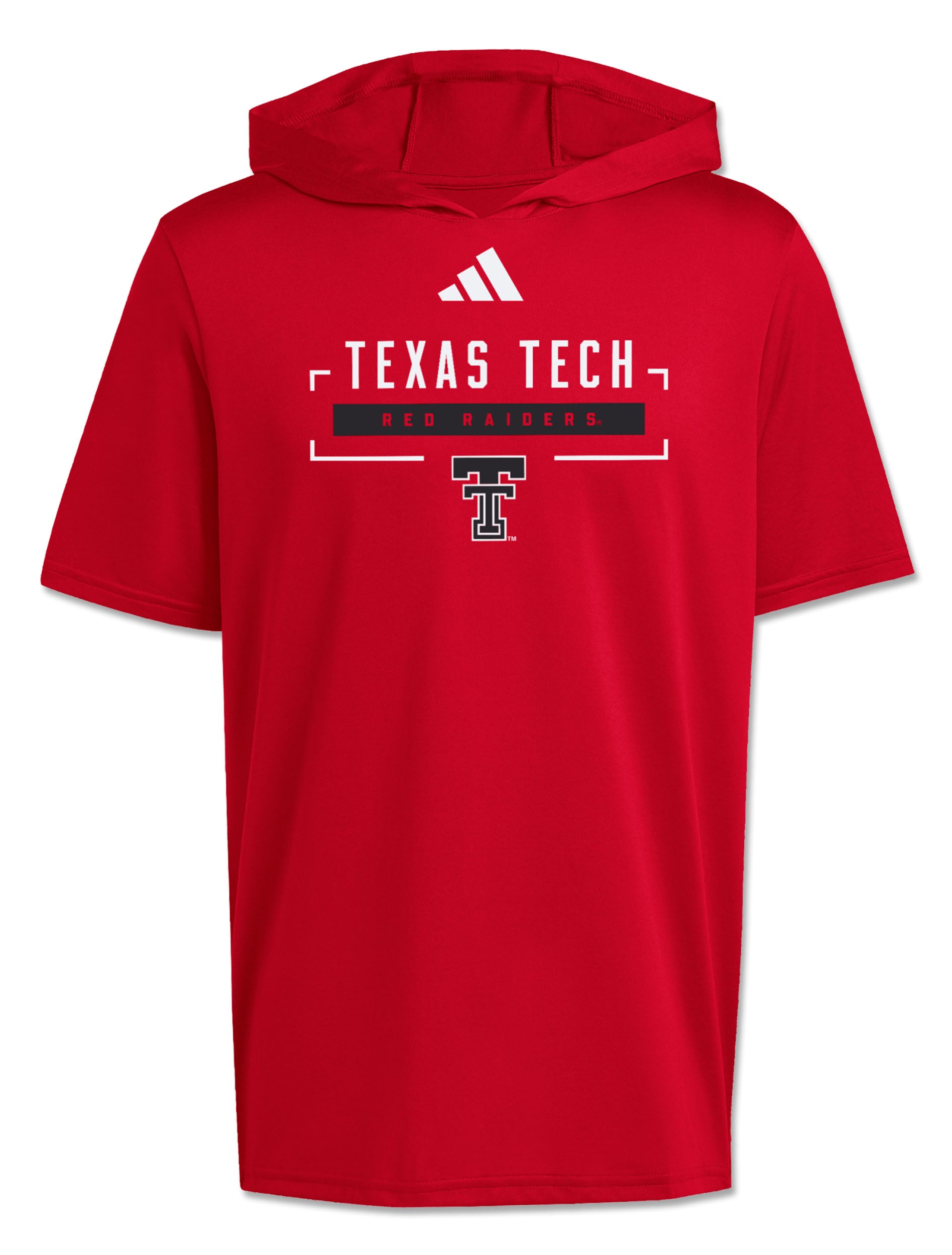 Red Adidas Texas Tech short sleeve hooded tee with the adidas Badge of Sport above a stacked chest lockup reading TEXAS TECH in white block lettering, RED RAIDERS in red on a black bar, and the Double T centered below